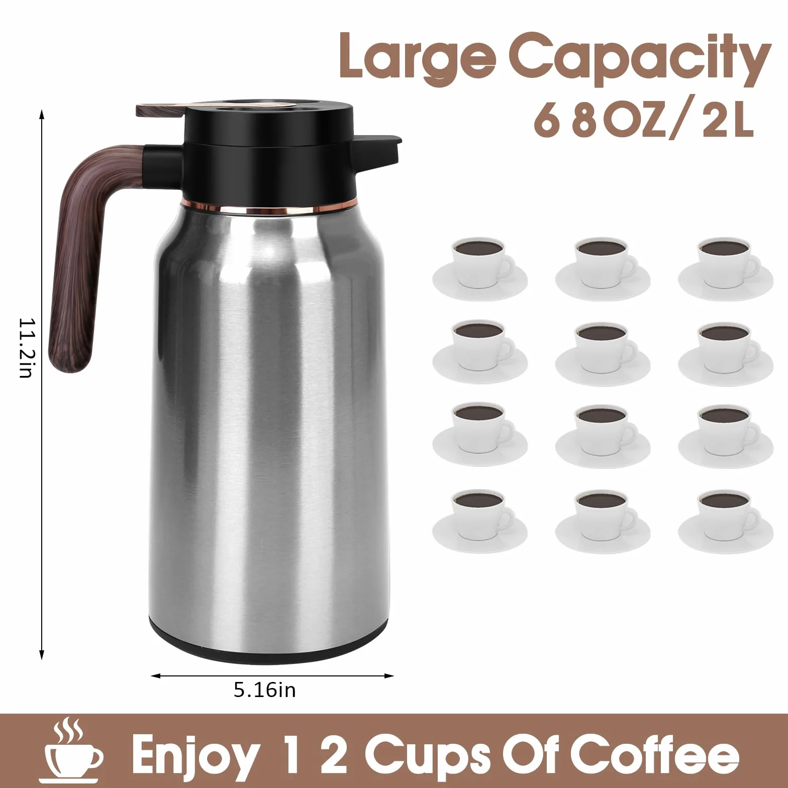 Jarra térmica de café de 68 onzas, jarras de acero inoxidable para líquidos calientes 36 horas, jarras de café aisladas para mantener el café caliente, agua caliente, té, bebidas calientes (plata)