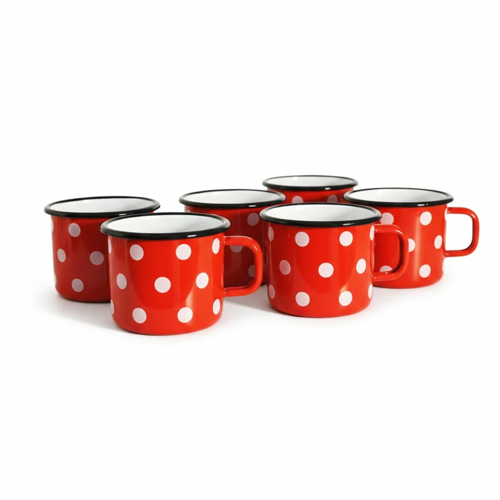 Surtido de 6 Tazas de Metal esmaltado - Rojas con Puntos - 500 ml