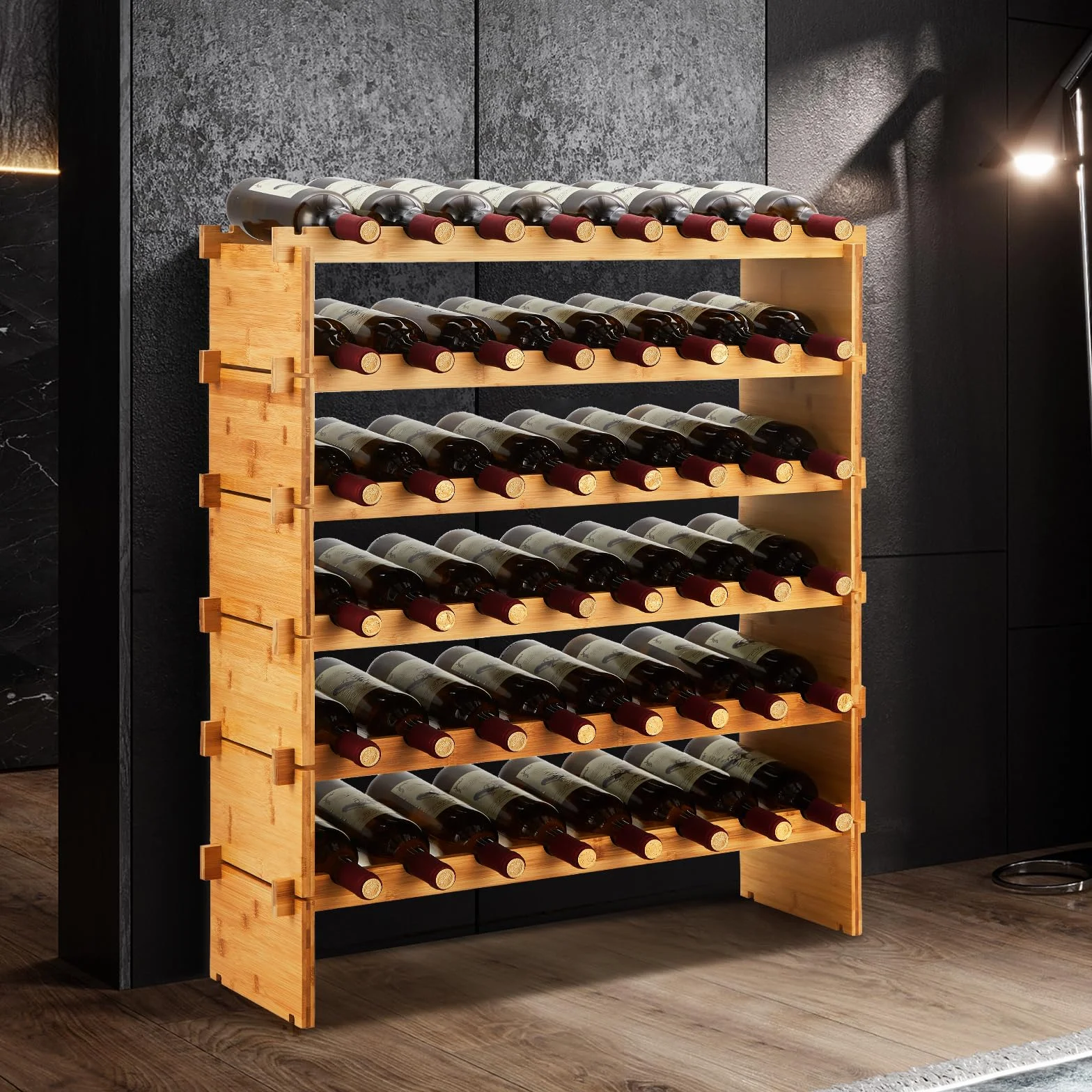 Estante modular apilable de bambú para vino – 6 niveles, capacidad 48 botellas, diseño estable para suelo o encimera, organizador de madera para bar y gabinete, 76x26x76 cm, capacidad: 48 botellas