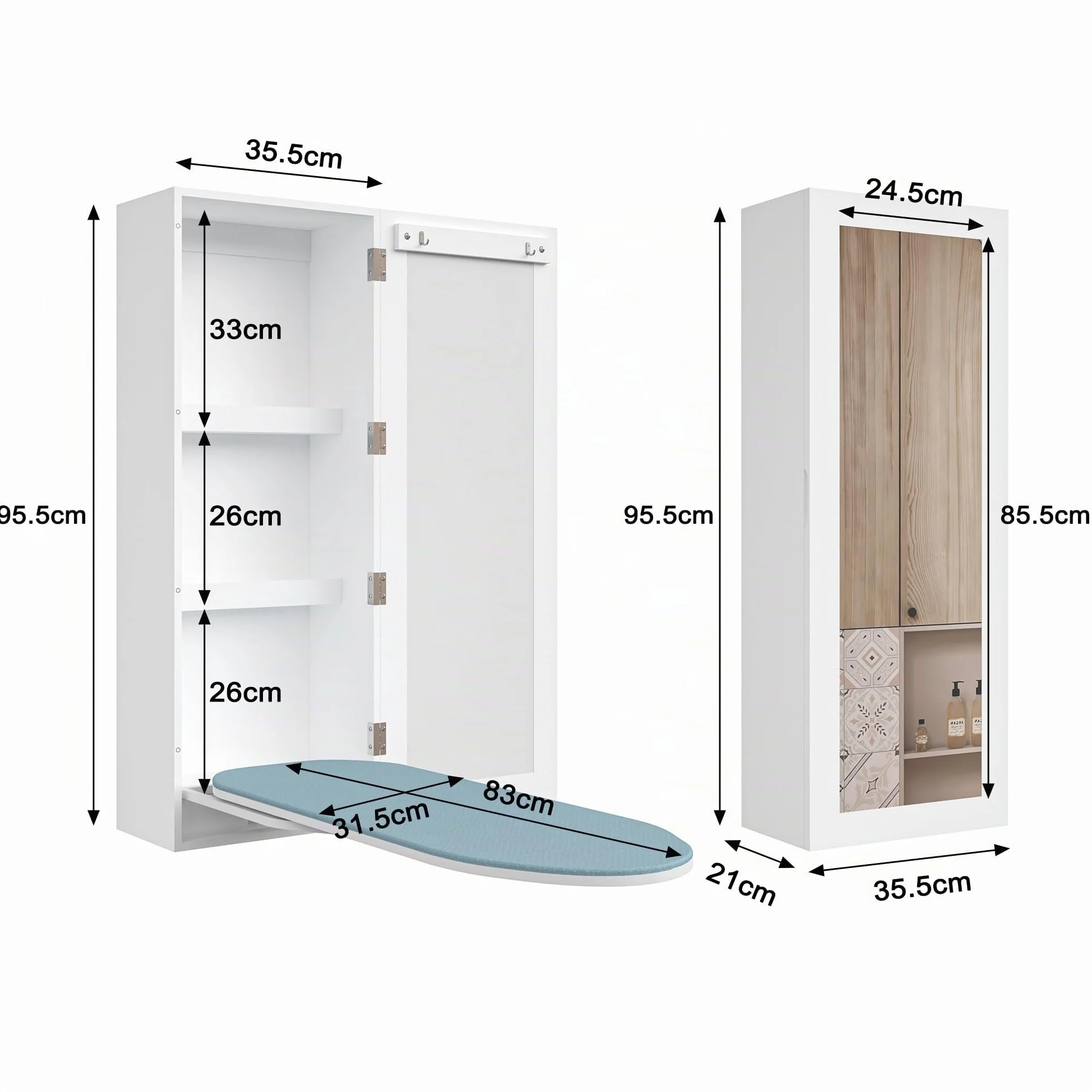 Armario para Tabla de Planchar, Armario de Almacenamiento montado en la Pared con Espejo, Tabla de Planchar con Funda giratoria de 180 Grados con Soportes de Metal