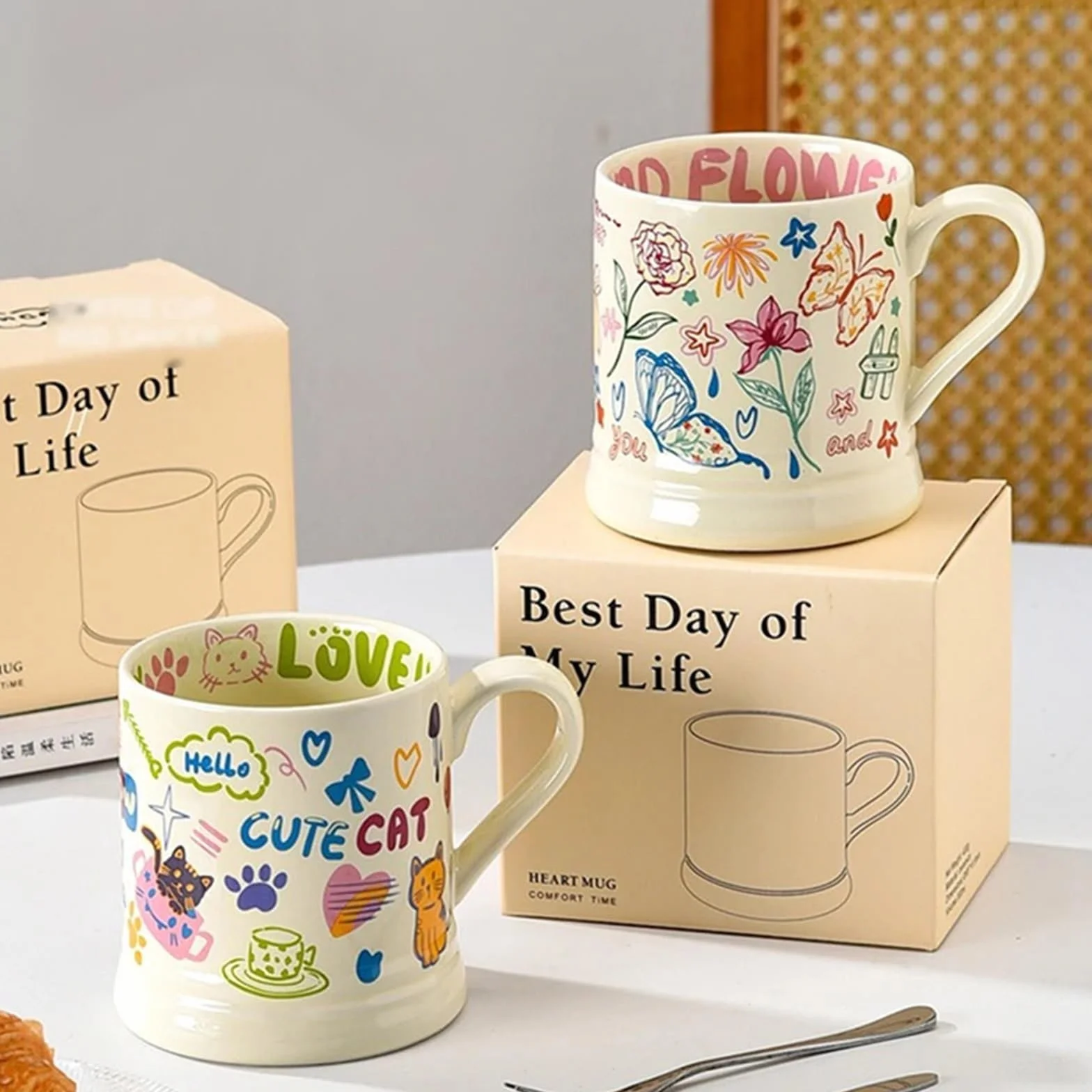 Tazas con Estampado de Flores, 2 uds., 370ml, Taza de café Creativa, Taza for Beber, Desayuno, Leche, Zumo, Grafiti Bonito, Taza de Agua for el hogar para Café y Leche