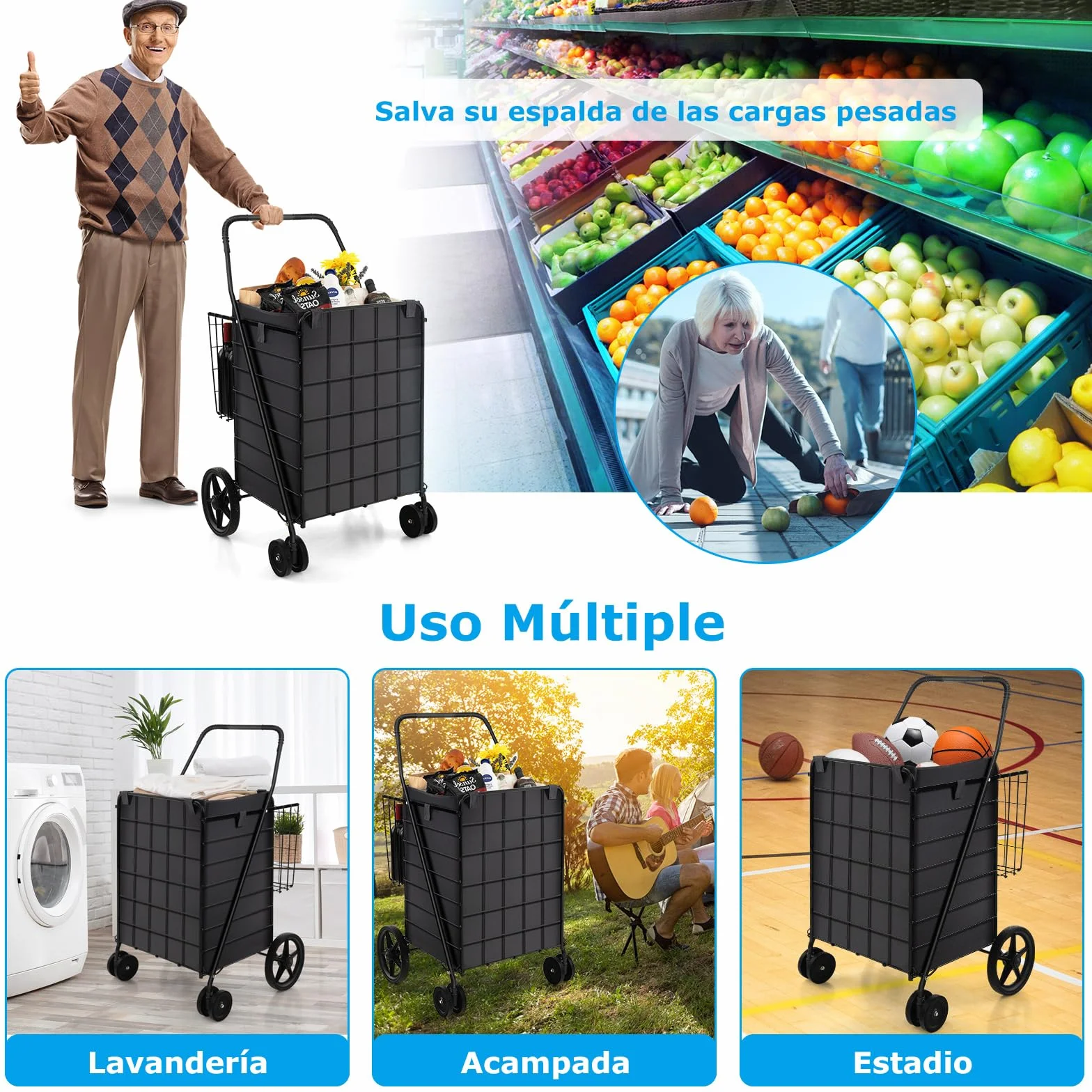 COSTWAYCarro Plegable con 2 Cestas, Compra 4 Cuedas, Forro Oxford Impermeable, 120 L, Metal, Asa Antideslizante, Soporta hasta 40 kg para Supermercado