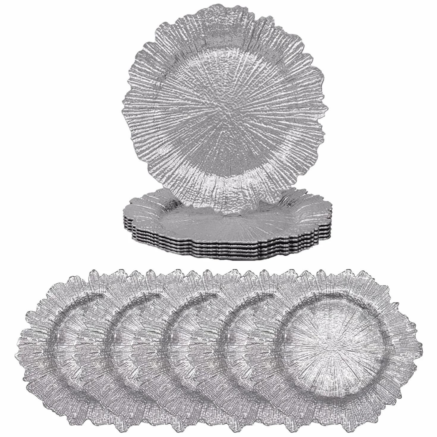 Trimming Shop Platos Decorativos para Fiestas, Platos de Vidrio de diseño Vintage para decoración de Mesa de Comedor, Bodas, Fiestas, vajillas, Eventos de Catering, 33 cm, Plata Brillante, 6 Unidades
