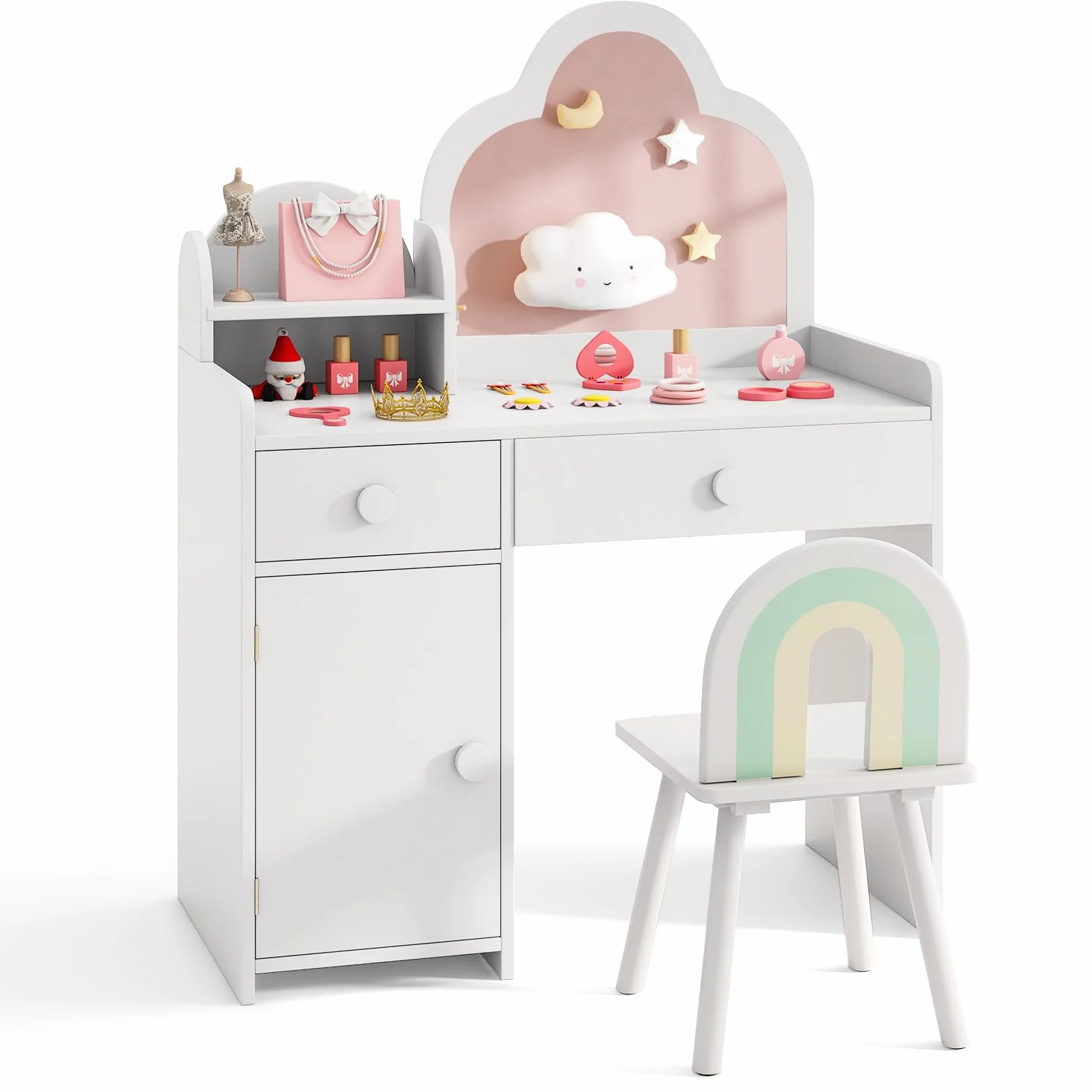 COSTWAY Tocador Niña, Tocador de Maquillaje Niña con Espejo en Forma de Nube, Estante Abierto, Cajones y Armario Cerrado, Patas de Madera, Juego de Mesa y Silla de Princesa para Niñas de 3-7 Años