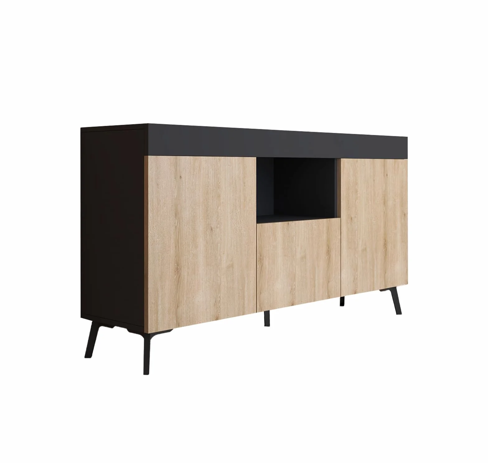 MB Muebles Bonitos | Aparador bajo Kai con 3 Puertas para Salón Comedor Moderno | Mueble de Melamina Mate | Color Negro y Sonoma | 130x70x32,5 cm