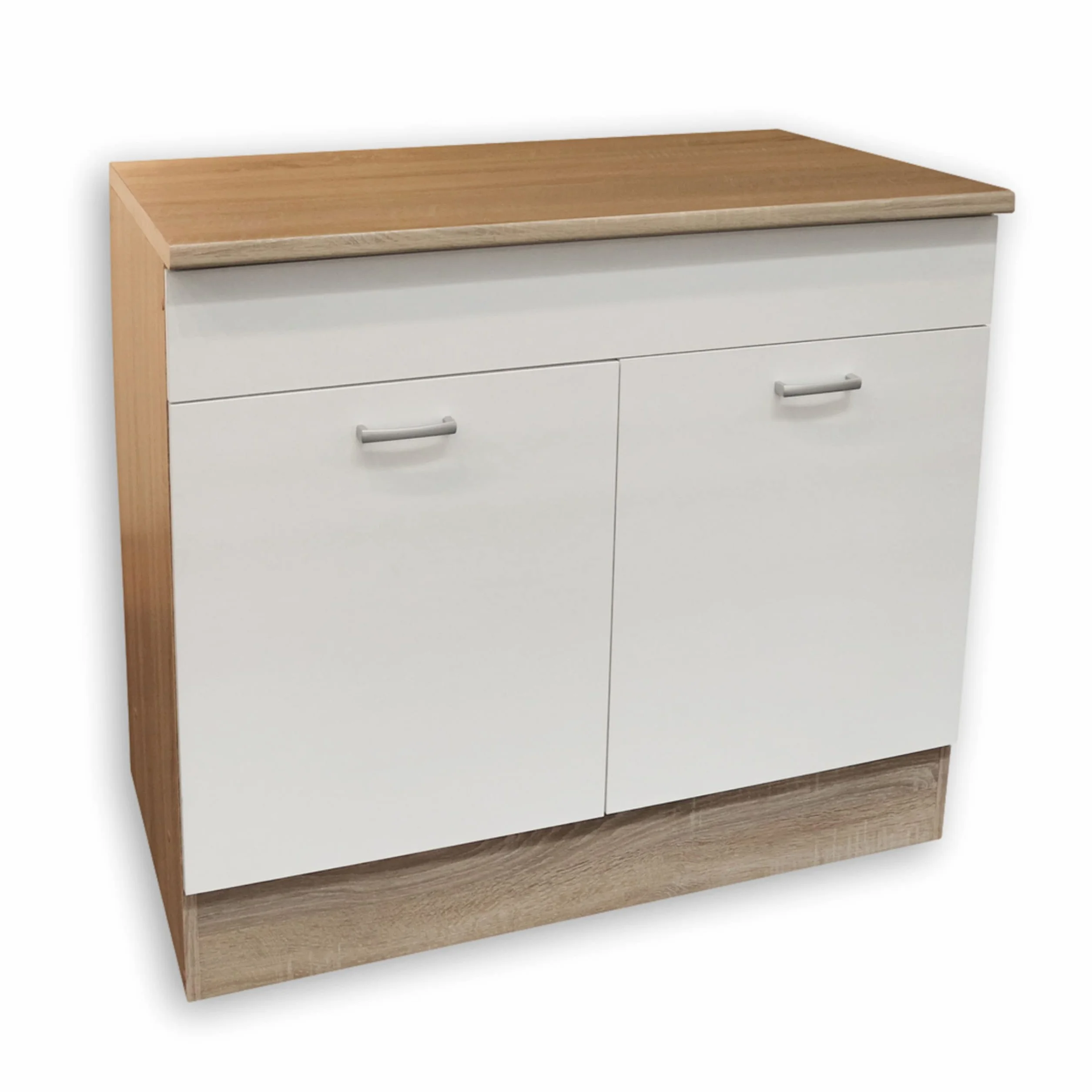 Stella Trading contemporáneo mueble bajo fregadero de cocina con acabado en roble Sonoma y blanco mate, Amplio mueble con mucho espacio de almacenamiento, 100 x 90 x 60 cm (ancho/alto/profundo)