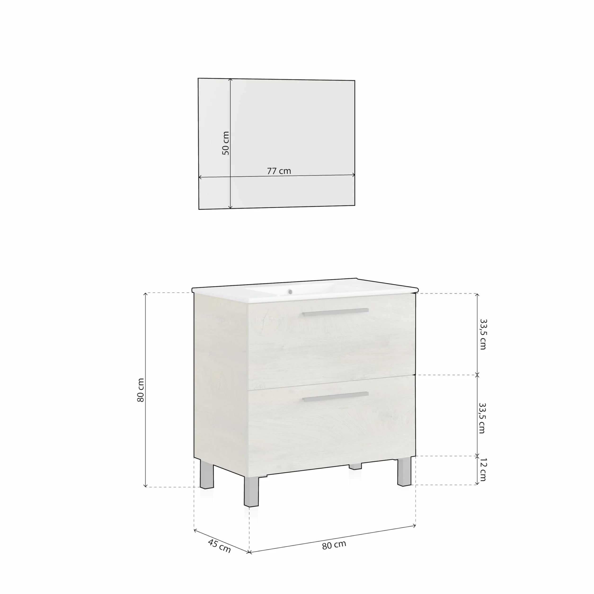 Mueble de Baño Sense 80 cm Roble Alaska con 2 Cajones y Espejo