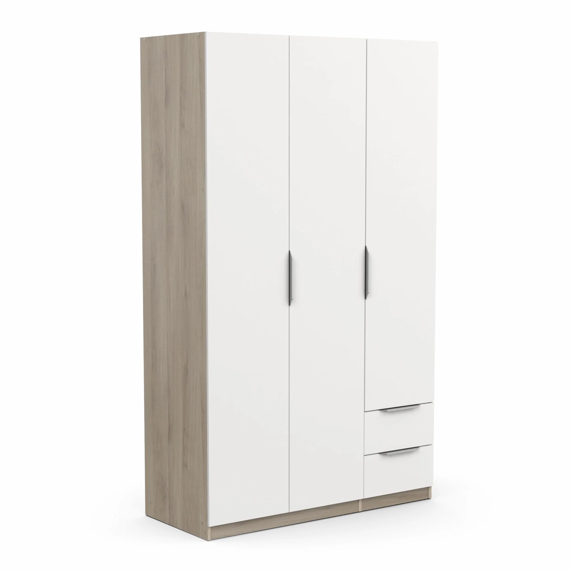 Armario vestidor con ropero Moderno, 3 Puertas, 2 cajones y 4 nichos, Color Roble Kronberg y Blanco Mate, 119,4 x 51,1 x 203 cm.