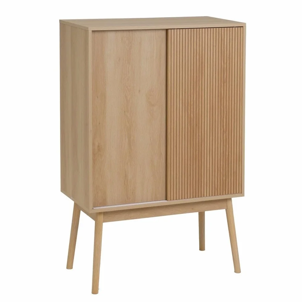 LOLAhome Mueble Bar Naroa Color Roble con 2 Puertas correderas 80x40x120cm. Armario para Vino con Capacidad para 12 Botellas y Soporte para Copas. Almacenaje para salón, Comedor o Cocina.
