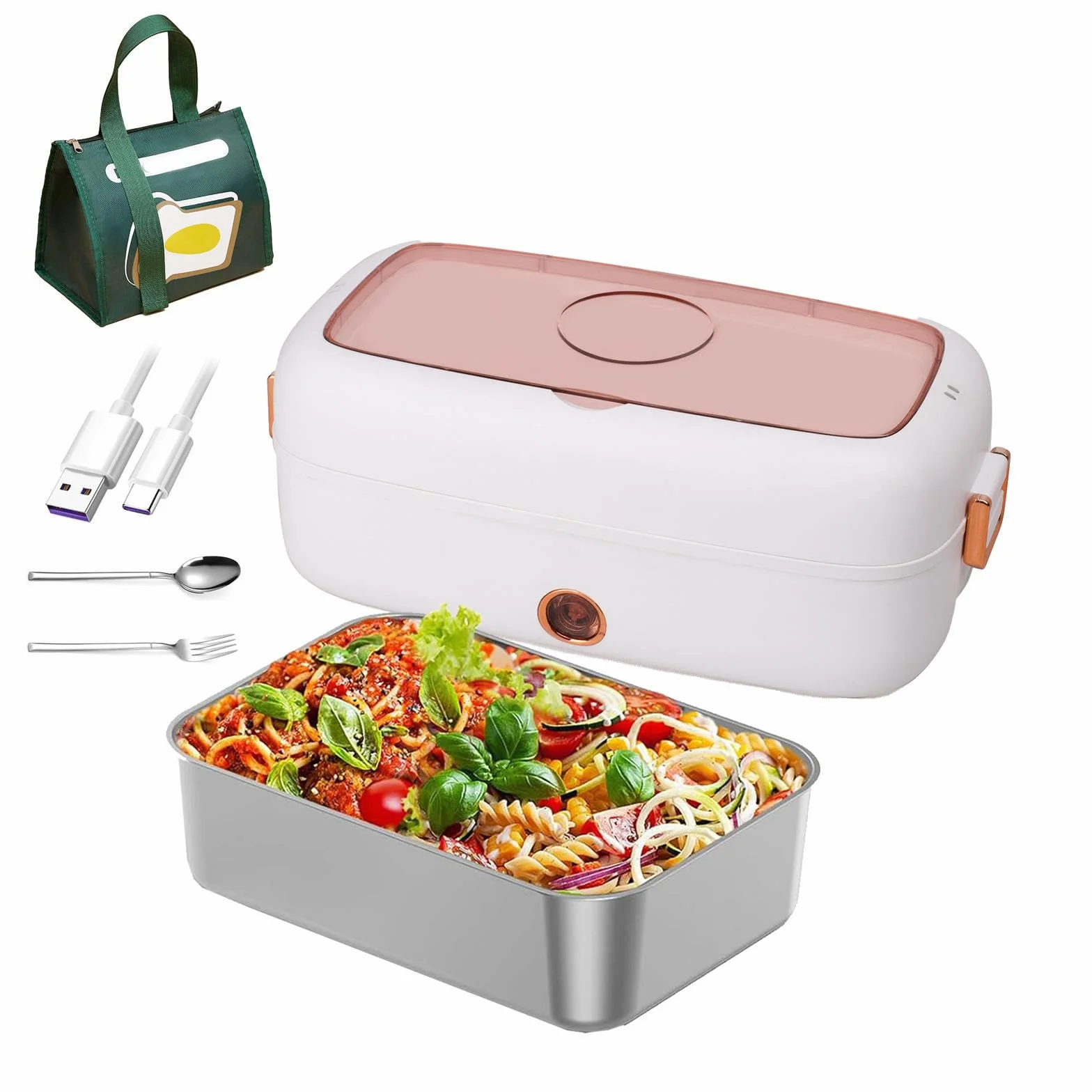 Fiambrera Electrica Coche Adecuado para Portátiles De 12 V/24 V, Fiambrera Compartimentos Aislamiento Térmico De Larga Duración Alimentado por USB, Fiambrera Electrica,White
