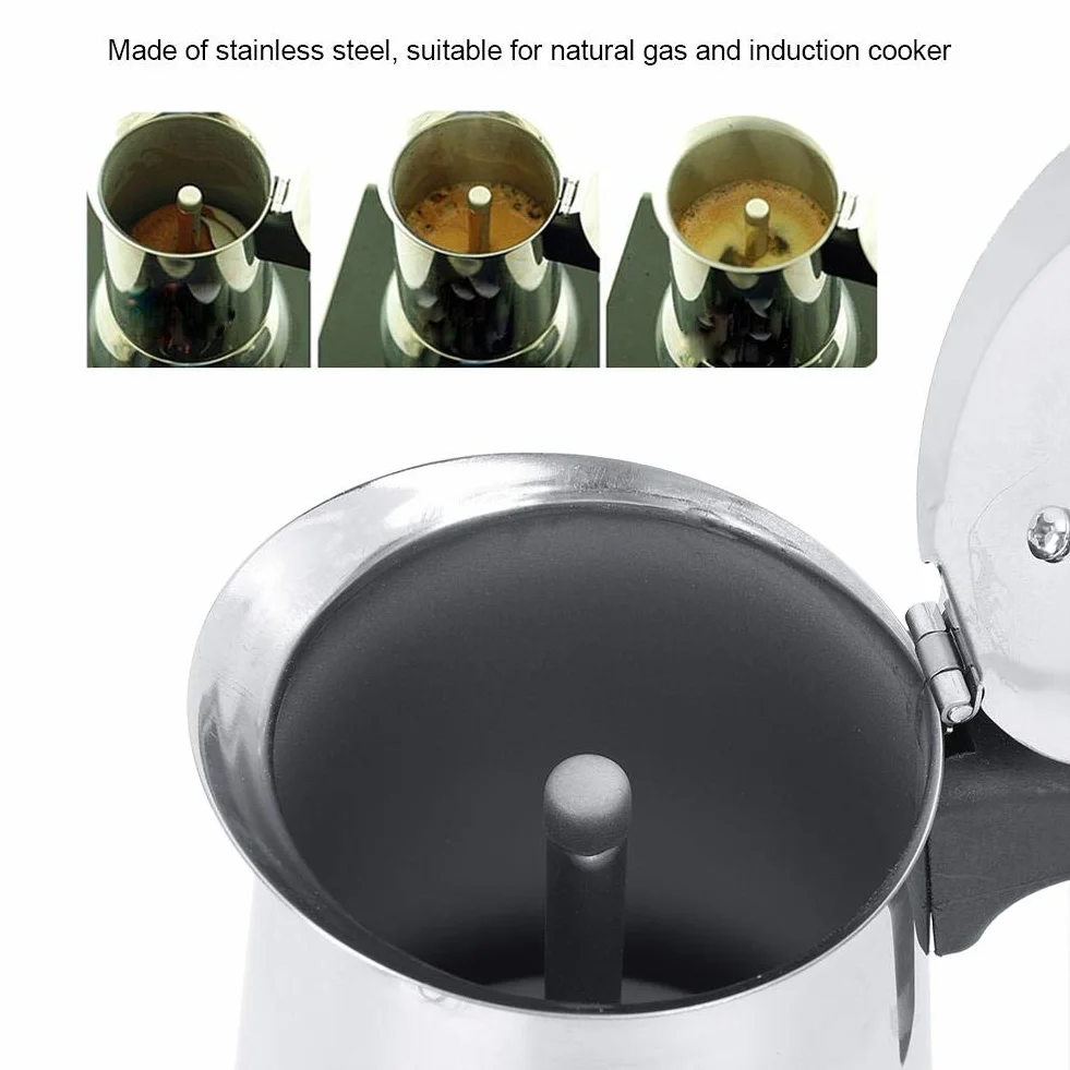 Ymiko Estufa de café eléctrica de acero inoxidable de 450 ml, juego de calentador para hacer tazas de café expreso, enchufe de la UE 220-240 V | Filtro uniforme para extracción rica y sabor óptimo, sello de silicona antifugas, compatible con gas y eléctri