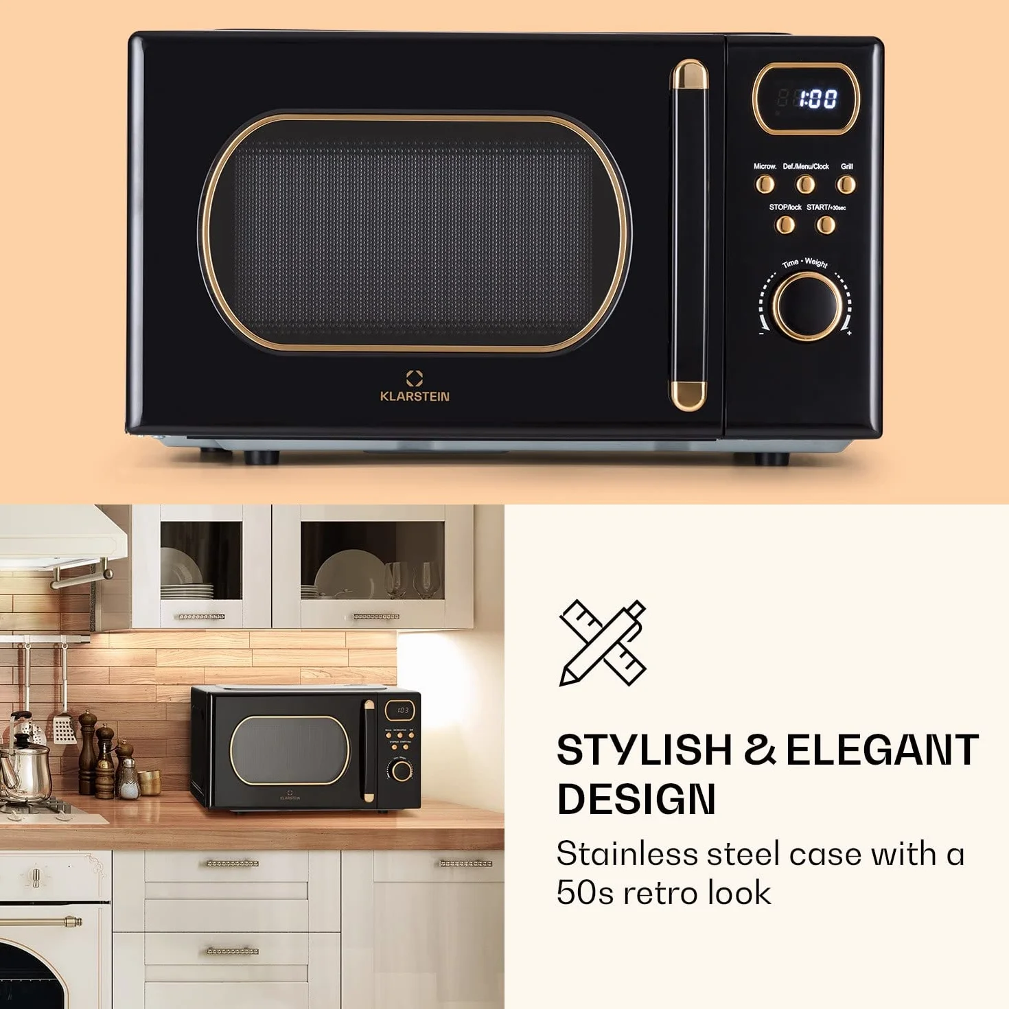Klarstein Horno Microondas de Encimera Compacto 800W Grill Acero Inoxidable 20L Digital Inteligente