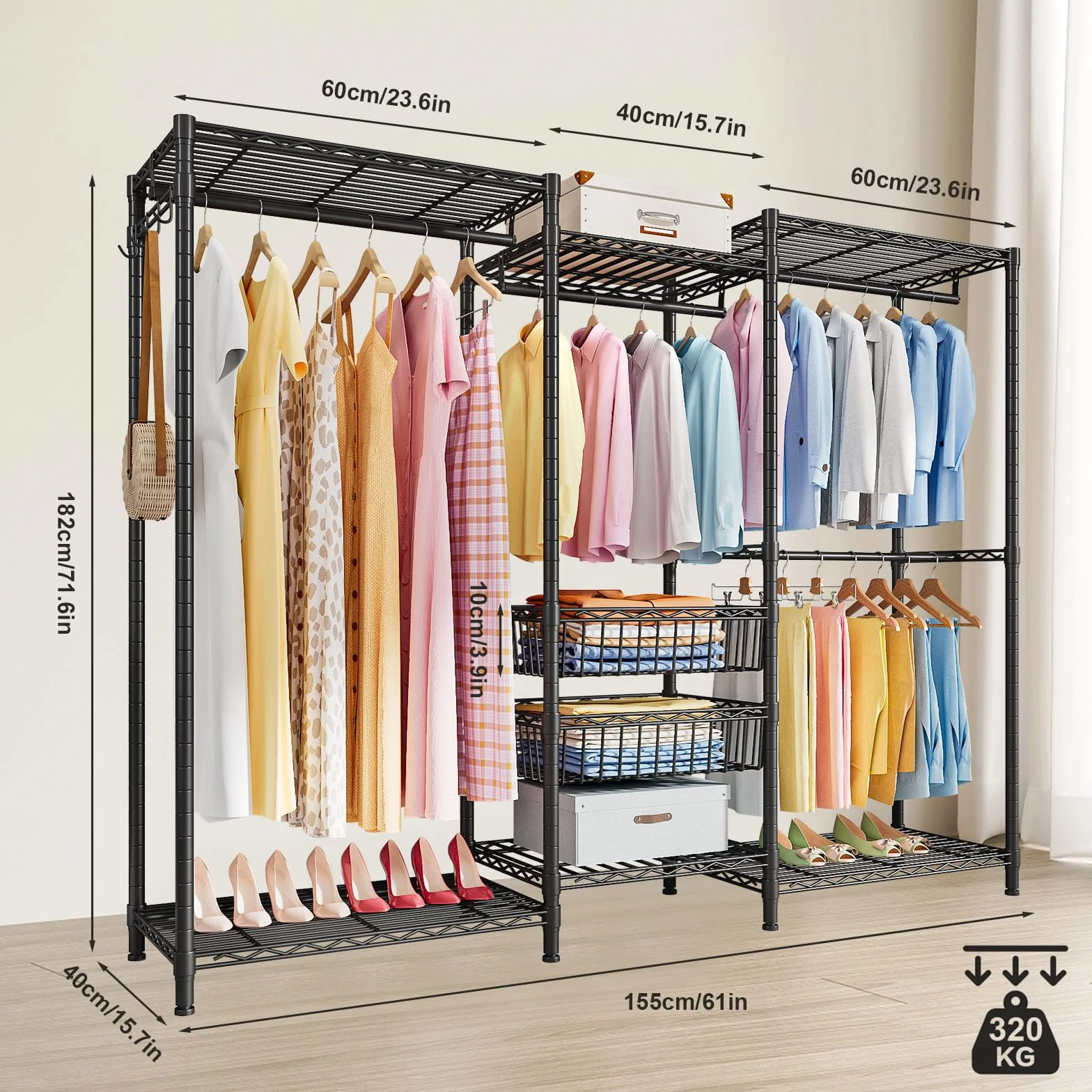 Perchero Metálico de 4 Niveles, Riel para Ropa de Alta Resistencia con Estantes, Carga Máxima 500 lbs, Organizador Grande para Ropa, Negro