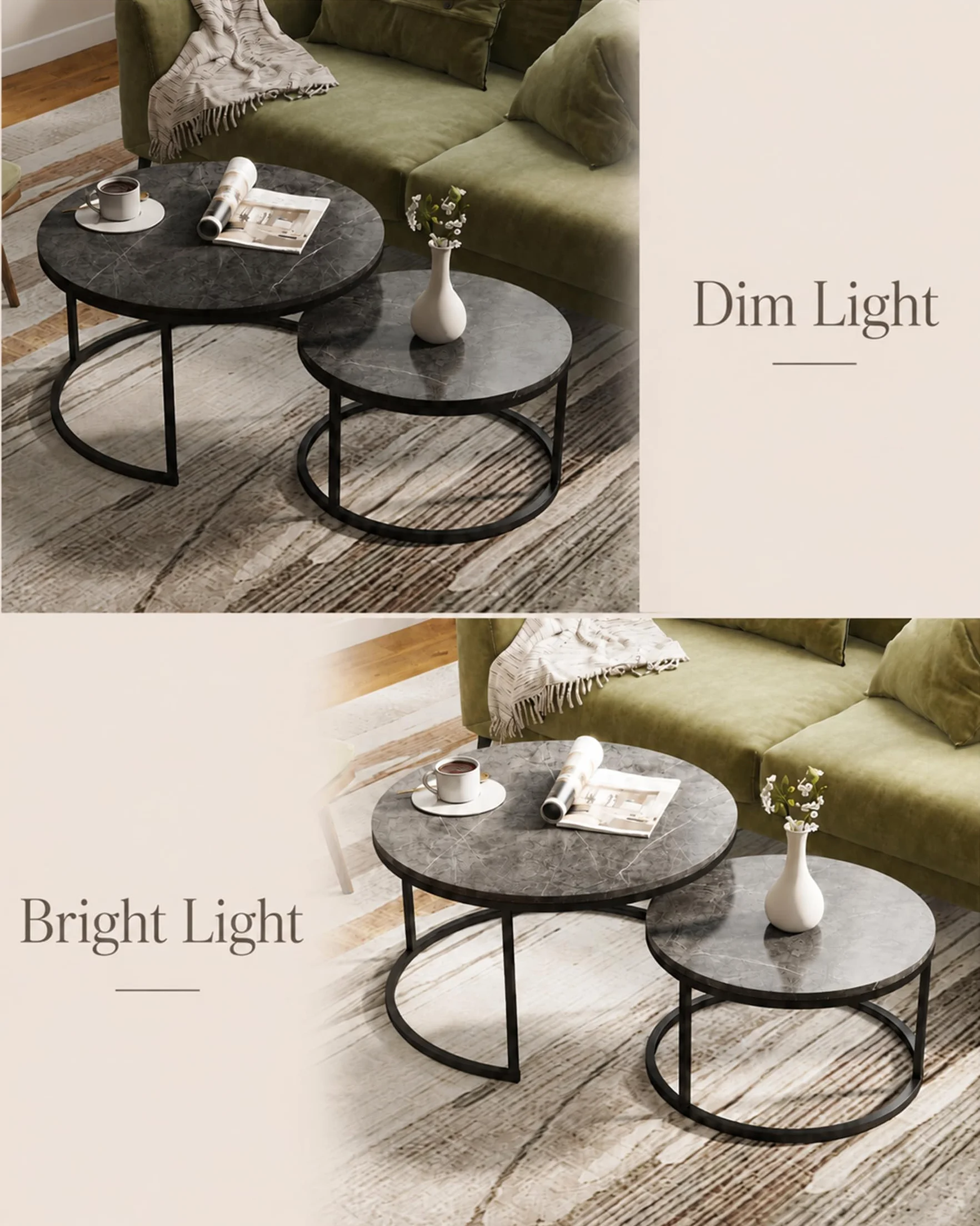 Mesa de Centro Redonda Moderna 2 Piezas 80+60 cm, Mesas Auxiliares para Salón Efecto Mármol Gris y Estructura Metálica Gris Mesa Centro Salon Elegante para Muebles de Salón