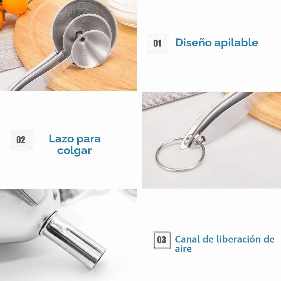 Embudos de Acero Inoxidable, 3 Piezas Embudo de Cocina con Mango Largo para Transferir Líquidos y Polvo