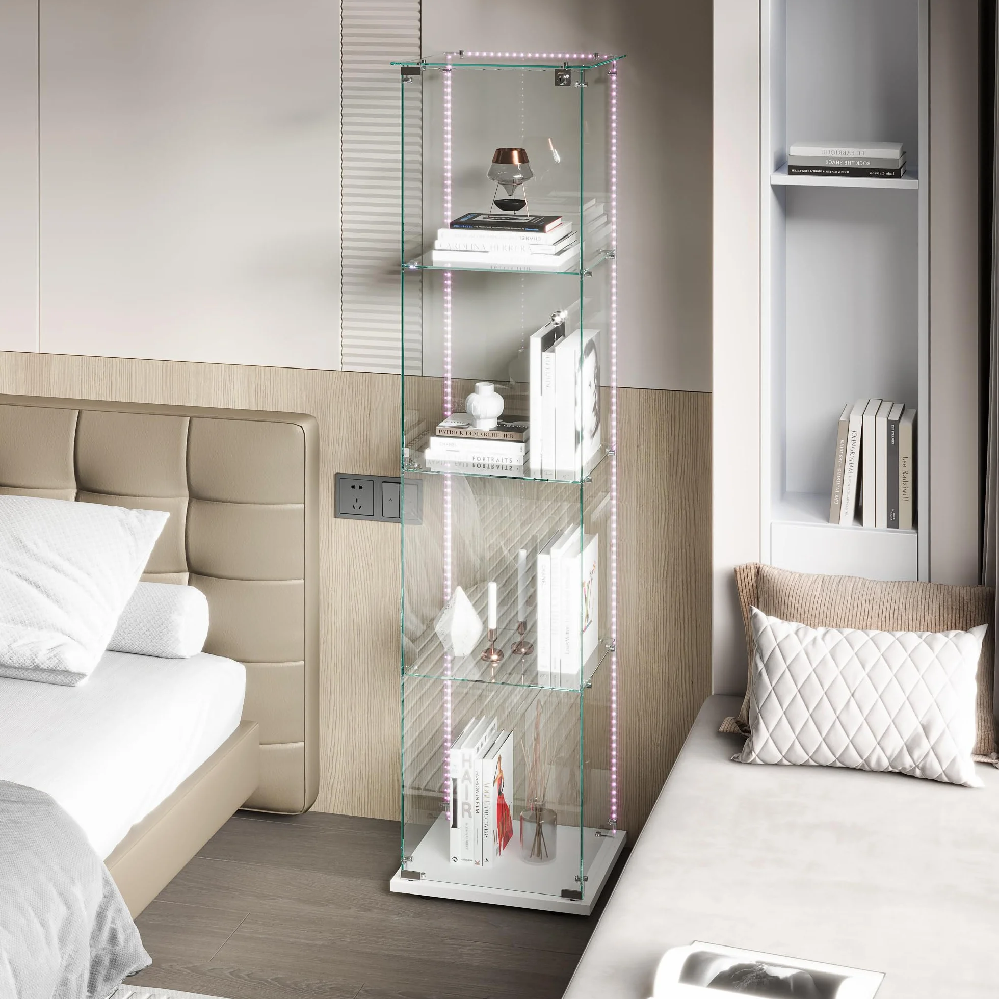 Vitrina de cristal de pie, Vitrina de cristal de pie con LED, 4 capas de cristal madera cristal vitrina armario vitrina 1 puerta y cerradura vitrina armario de cristal armario expositor vitrina de