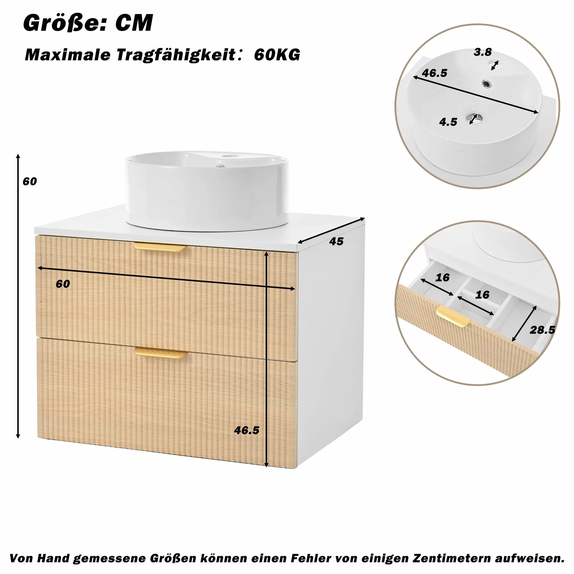 Mueble de baño redondo de cerámica de 60 cm montado en la pared con cajones de madera con diseño de rayas, tablero MDF, capacidad de almacenamiento: 2 cajones + encimera, madera natural