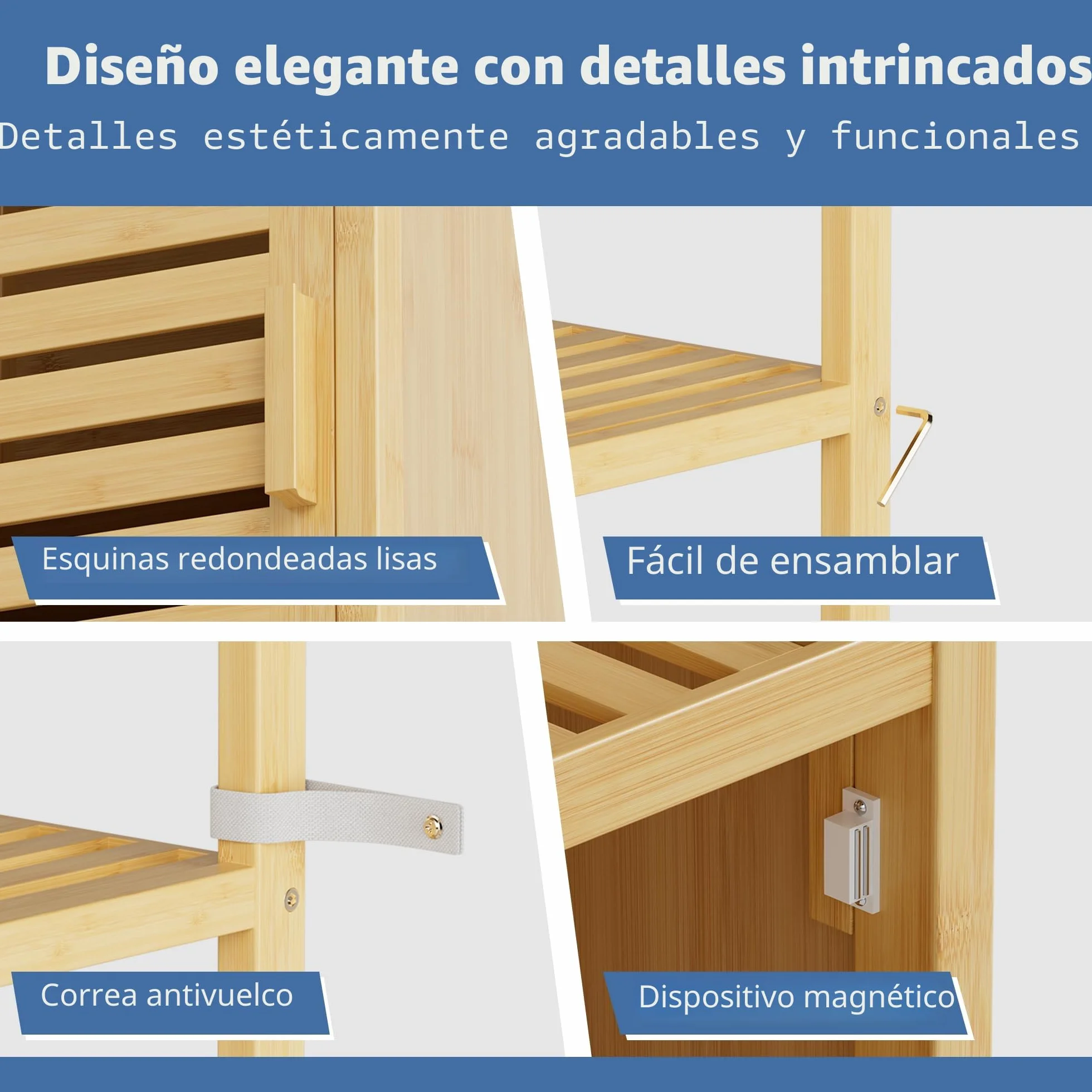 HITNET Mueble Columna Baño Estrecho, Armario Alto Baño Bambu, Gabinete de Almacenamiento con Estantes Ajustables y Compartimentos Abiertos, para Espacios Pequeños, Natural