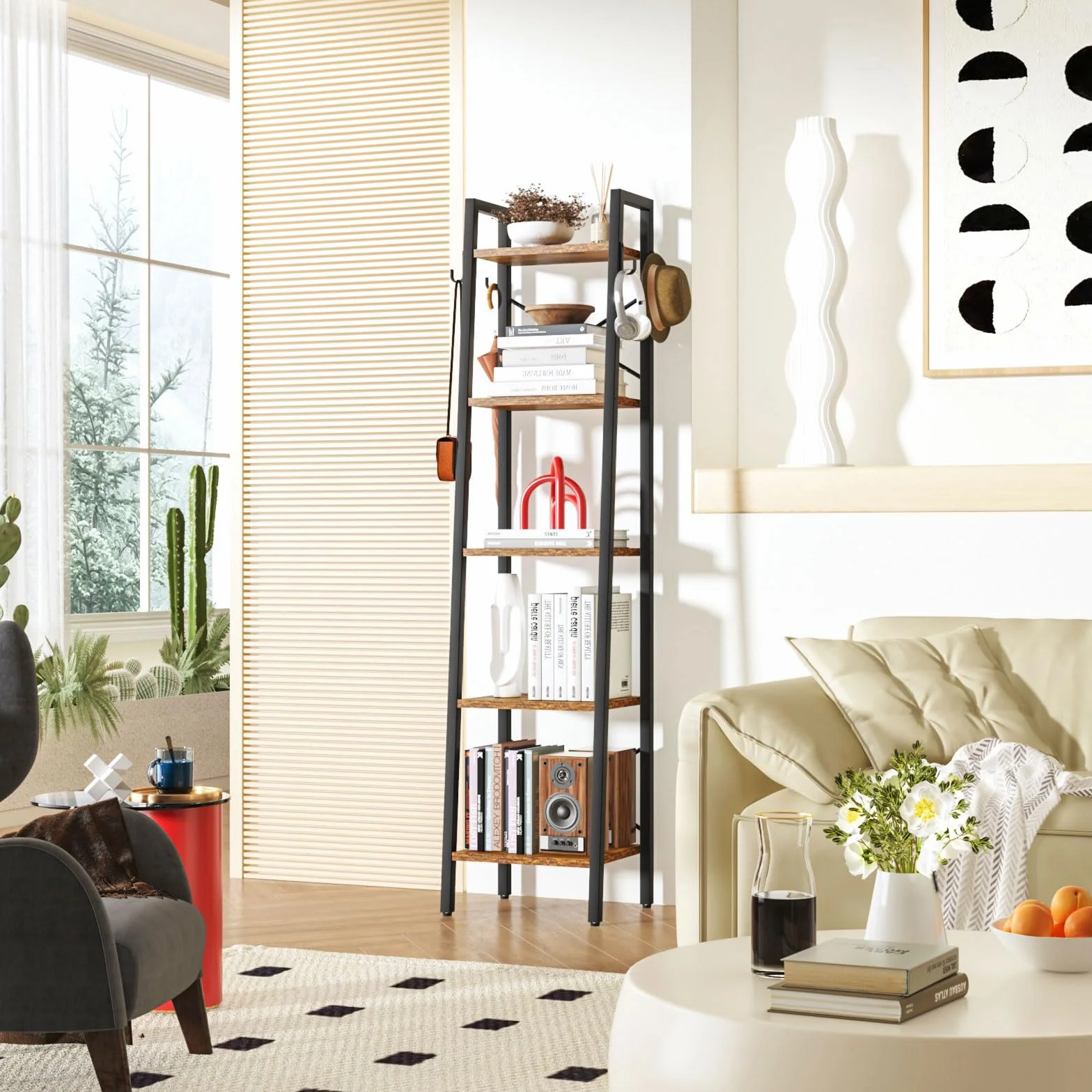 YMYNY 160CM Librería, Estantería de Escalera con 4 Ganchos, Estantería de 5 Niveles, para Salón Dormitorio Cocina Oficina en Casa, Estilo Industrial, Marco de Metálica, Marrón Rústico HBC025H
