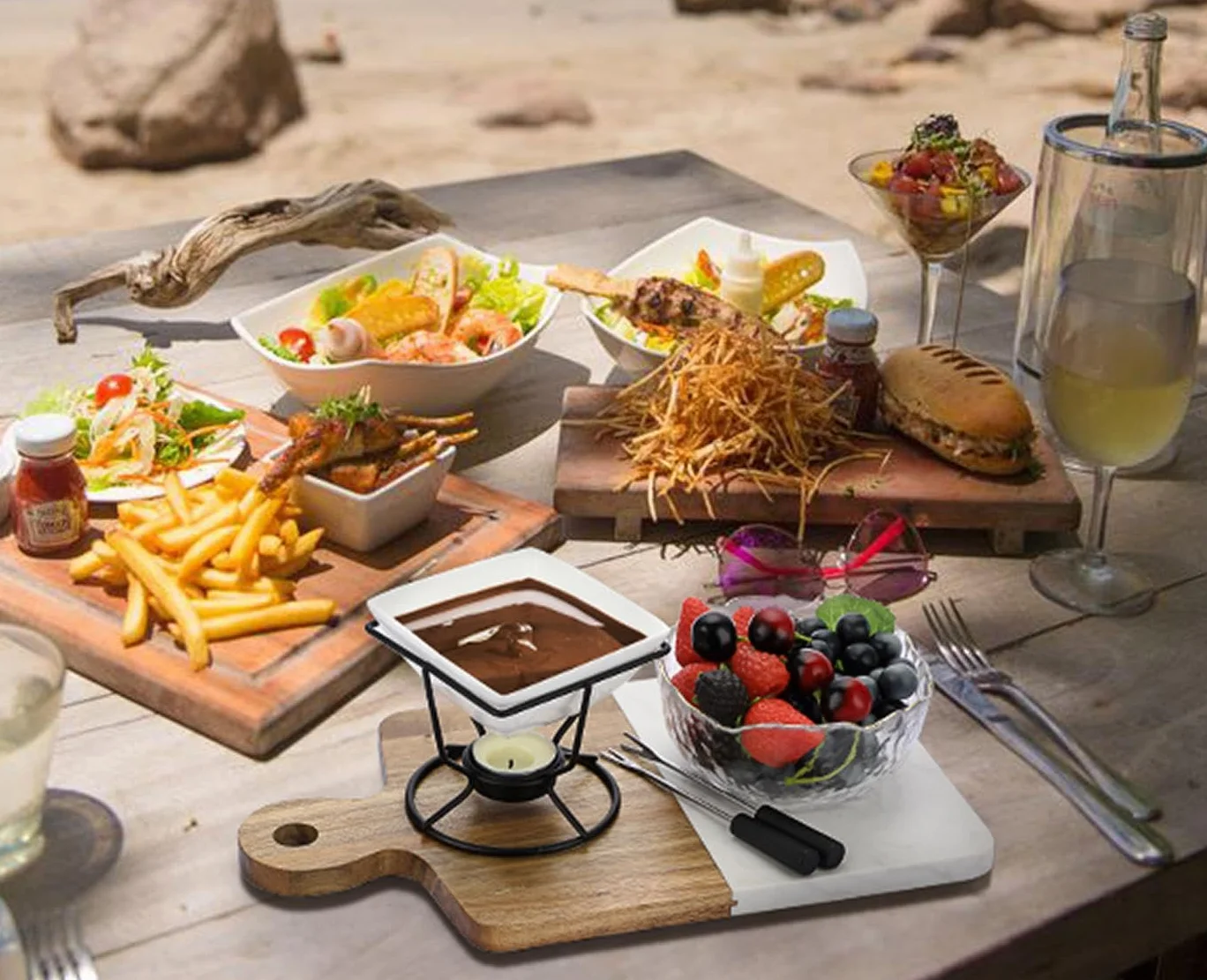 Juego de Fondue de Chocolate Cerámica Cuadrado Blanco 200ML con 2 Tenedores Soporte Redondo de Hierro Negro