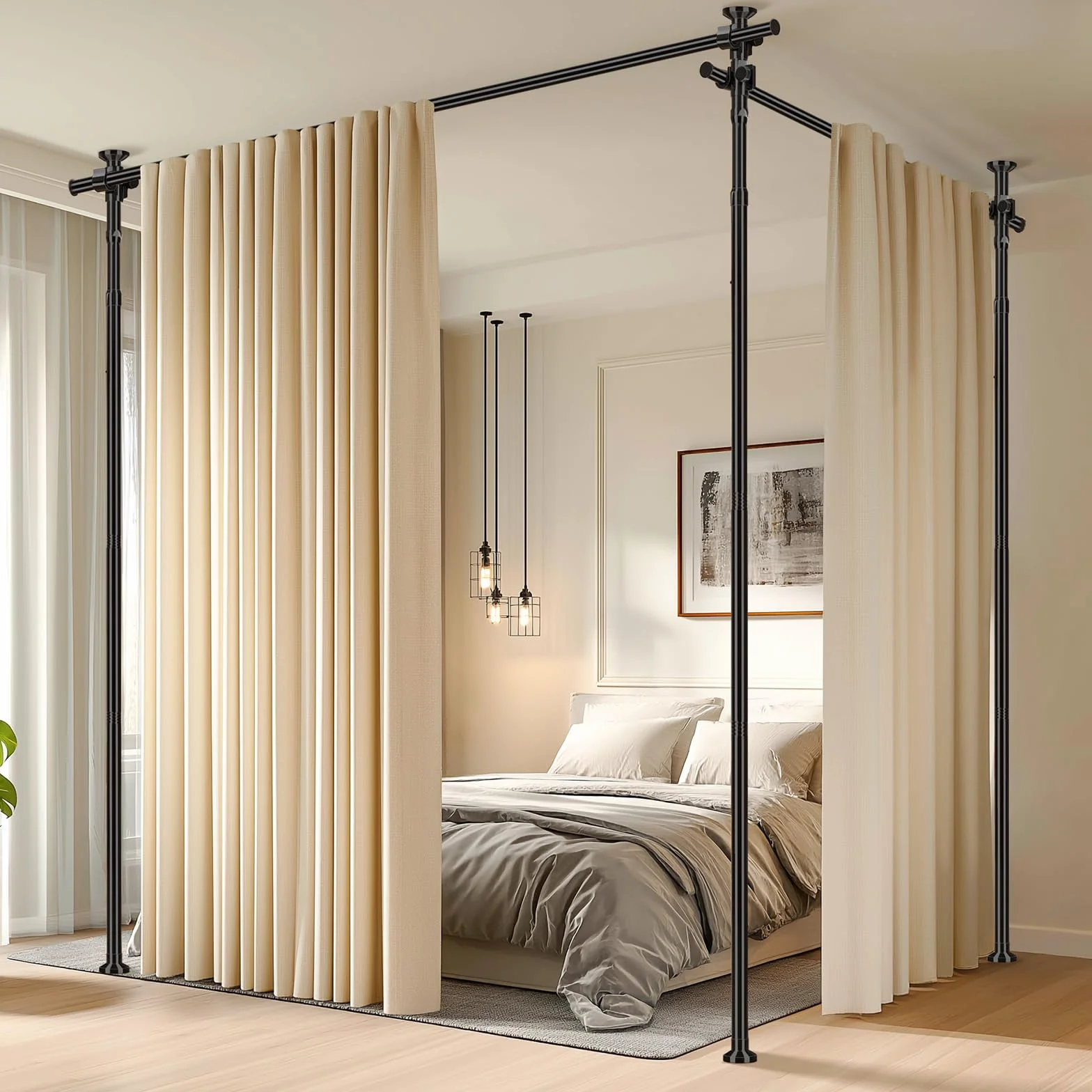 JILRON Barra de cortina sin agujeros, separador de espacios, barra de cortina de techo ajustable (H110-300 × B183-508 cm) para salón, apartamento de alquiler, negro