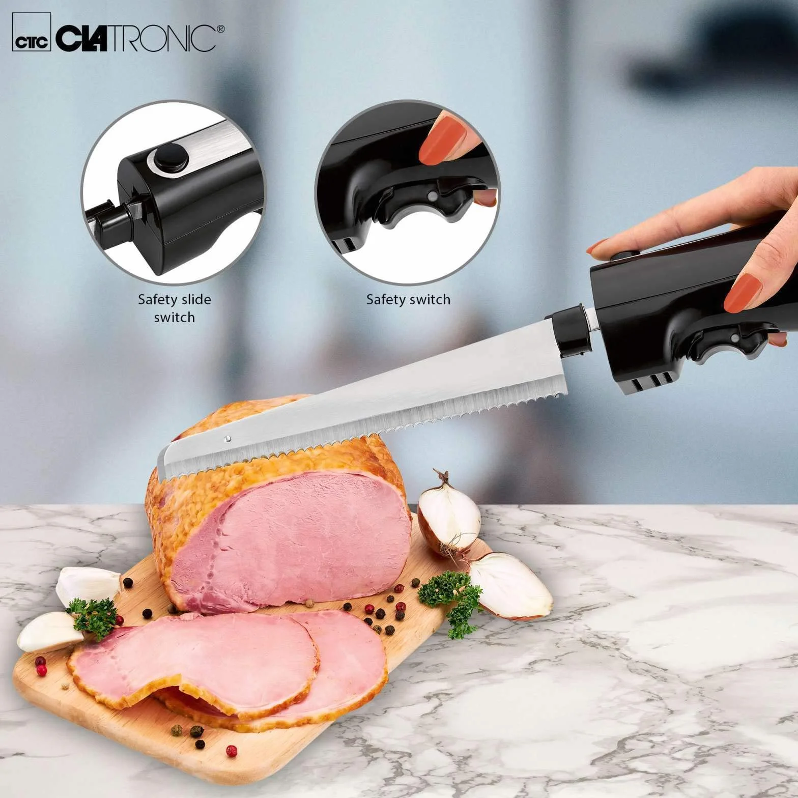 Clatronic Cuchillo eléctrico de cocina para carne, cuchillo de cocina eléctrico para alimentos congelados (hoja de acero inoxidable, afilado ondulado, cuchillo de pan, 120 W, negro)