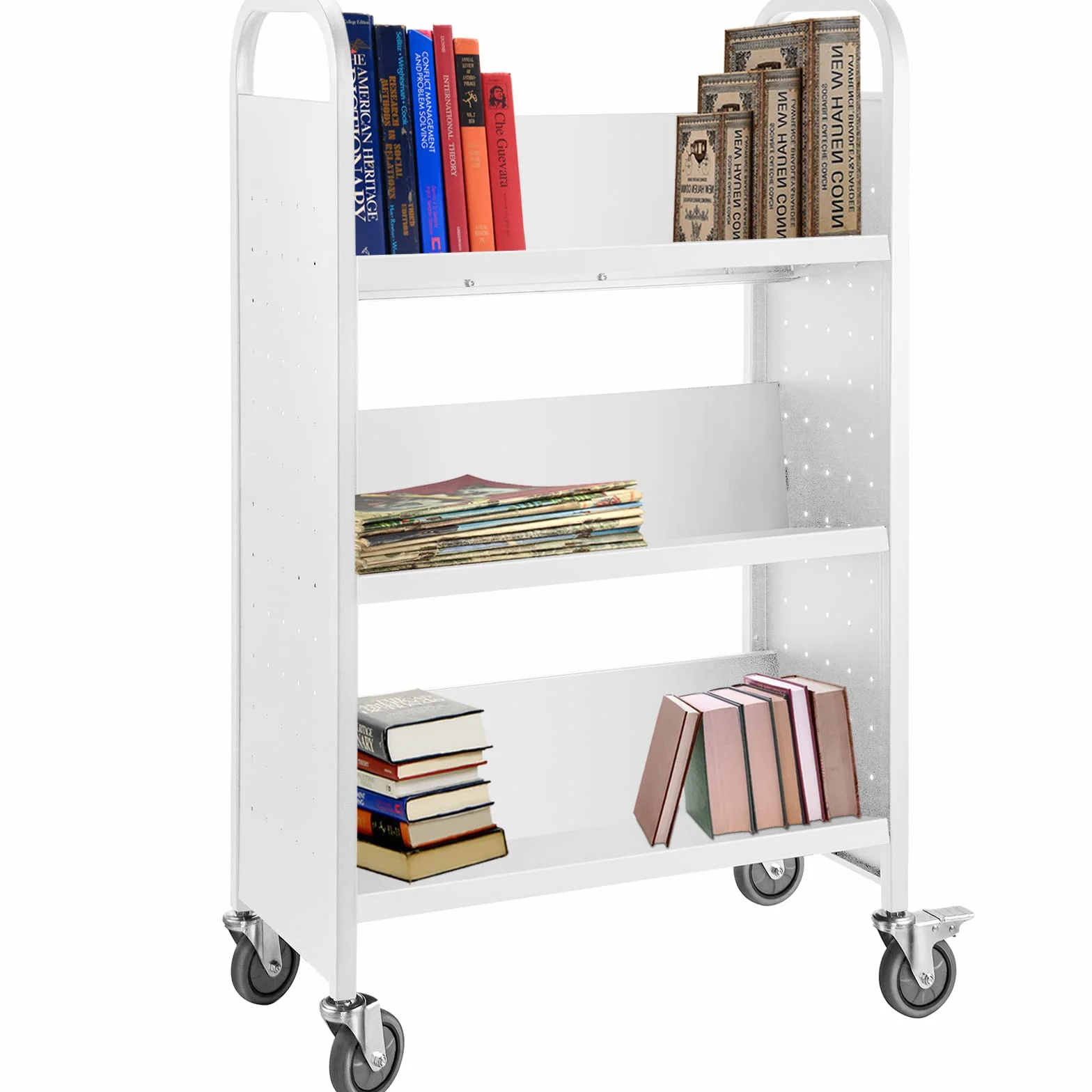 VEVOR Carrito Blanco para Libros con Ruedas Carro con Estantes Inclinados en Forma de V de un Solo Lado, 1250 x 750 x 350 mm, Carga de 90 kg, Carro de Libros para Biblioteca, Oficina, Escuela, Casa