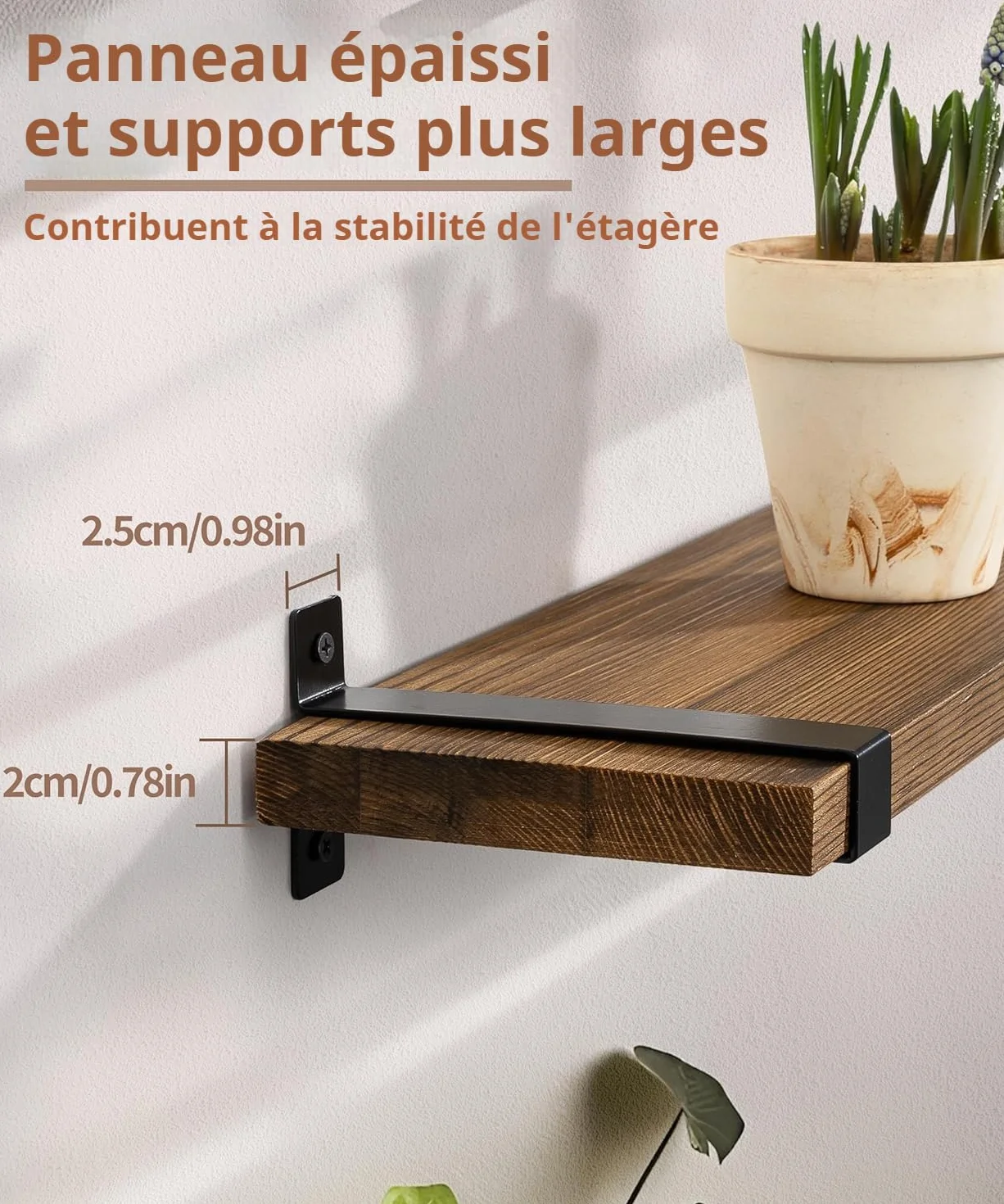Gronda Estantería de Pared Larga, Baldas de Madera Marrón con Soporte Metal | 60cm Estantes de Pared Juego de 2, Repisa, Almacenaje, Decoración, Balda Flotante para Fotos, Plantas, para Salón