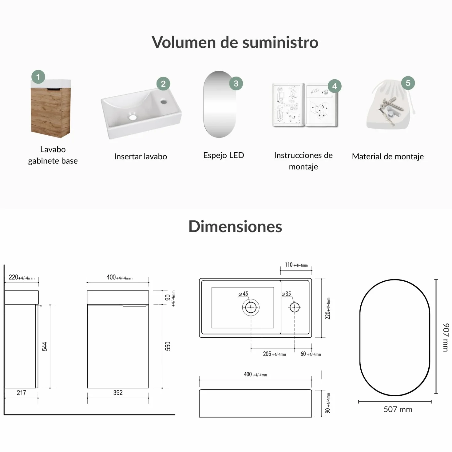 Planetmöbel Mueble Bajo Lavabo con Espejo Set 40 cm Roble Dorado