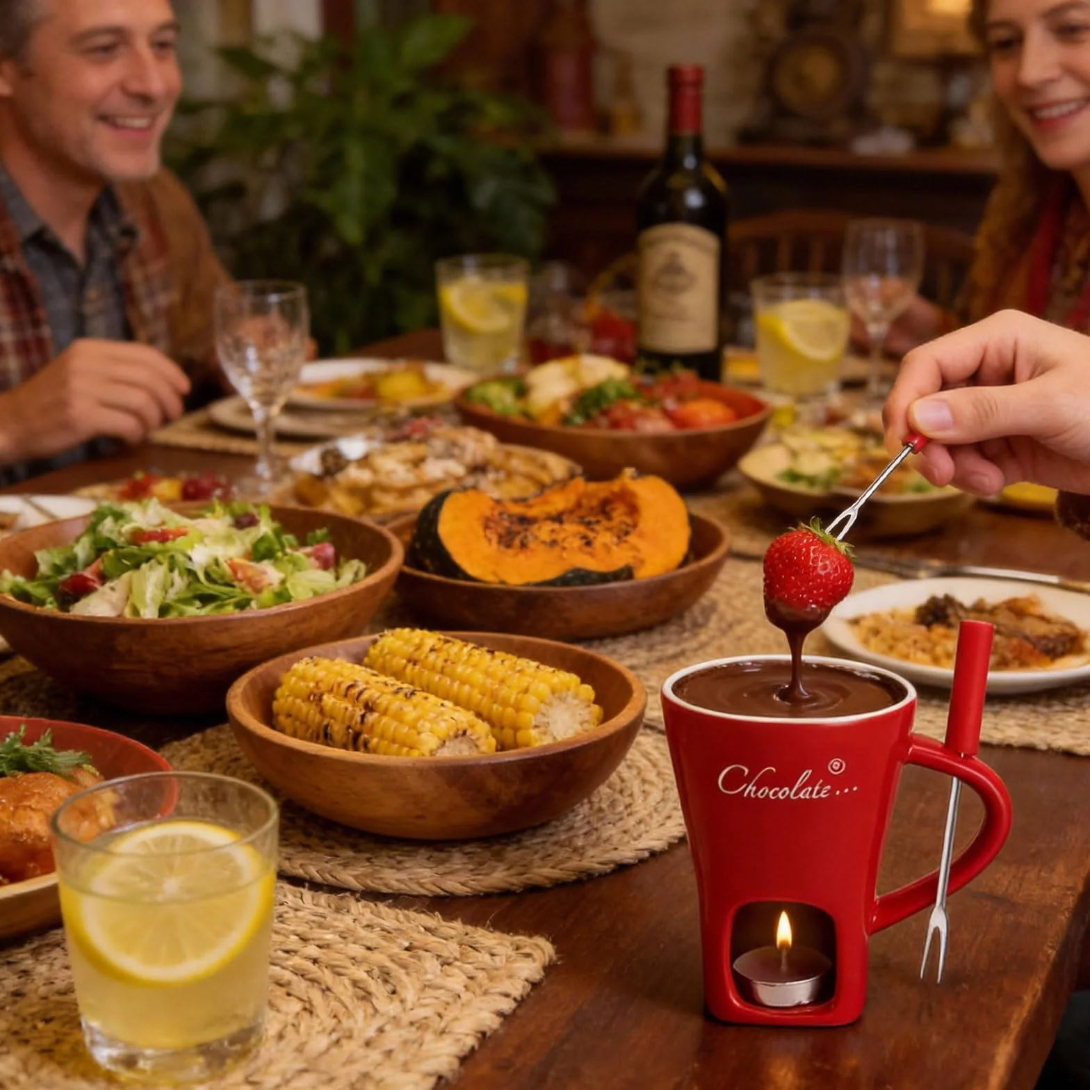 Taza de cerámica para fondue de chocolate 130 ml con portavelas y tenedores