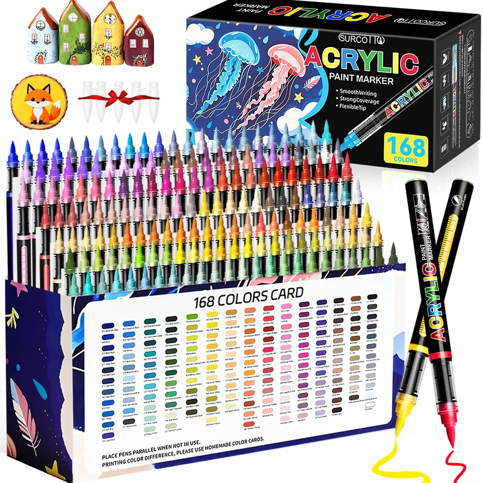 Surcotto Rotuladores de pintura acrílica de 168 colores, marcadores de pincel acrílico, marcadores acrílicos para pintura de roca, cerámica, vidrio, piedra, metal, tela