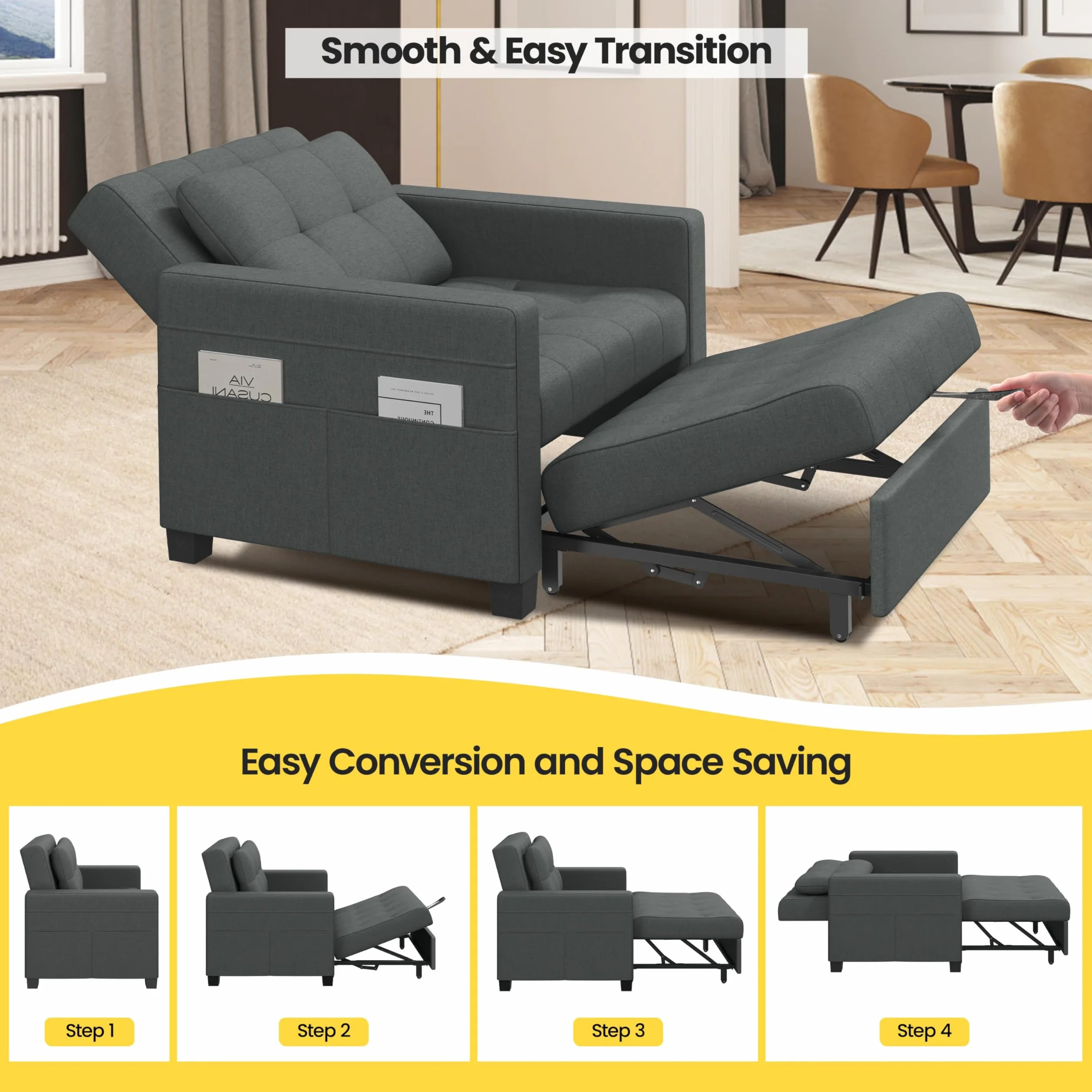 Yaheetech 3 En 1 Sofá Cama Sillón Relax Sofá Individual de 1 Plaza para Dormitorio Sala de Estar Apartamento Sofá con Respaldo Ajustable en 3 ángulo Gris Oscuro