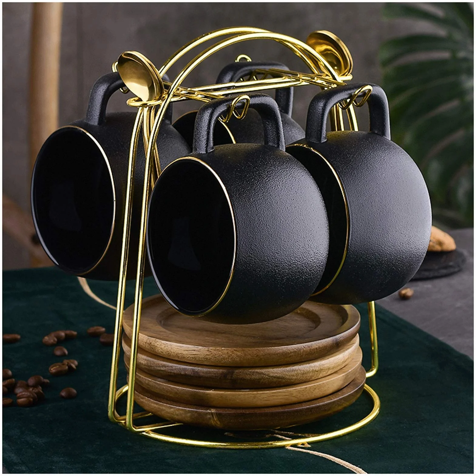 Tazas Conjunto De Taza De Café De Lujo Pequeño De Estilo Europeo, Taza De Agua De Cerámica Helada Retra, Taza De Té Especial De La Familia Con Bandeja Y Soporte De Metal (conjunto De 2, 4, 8 Piezas) T