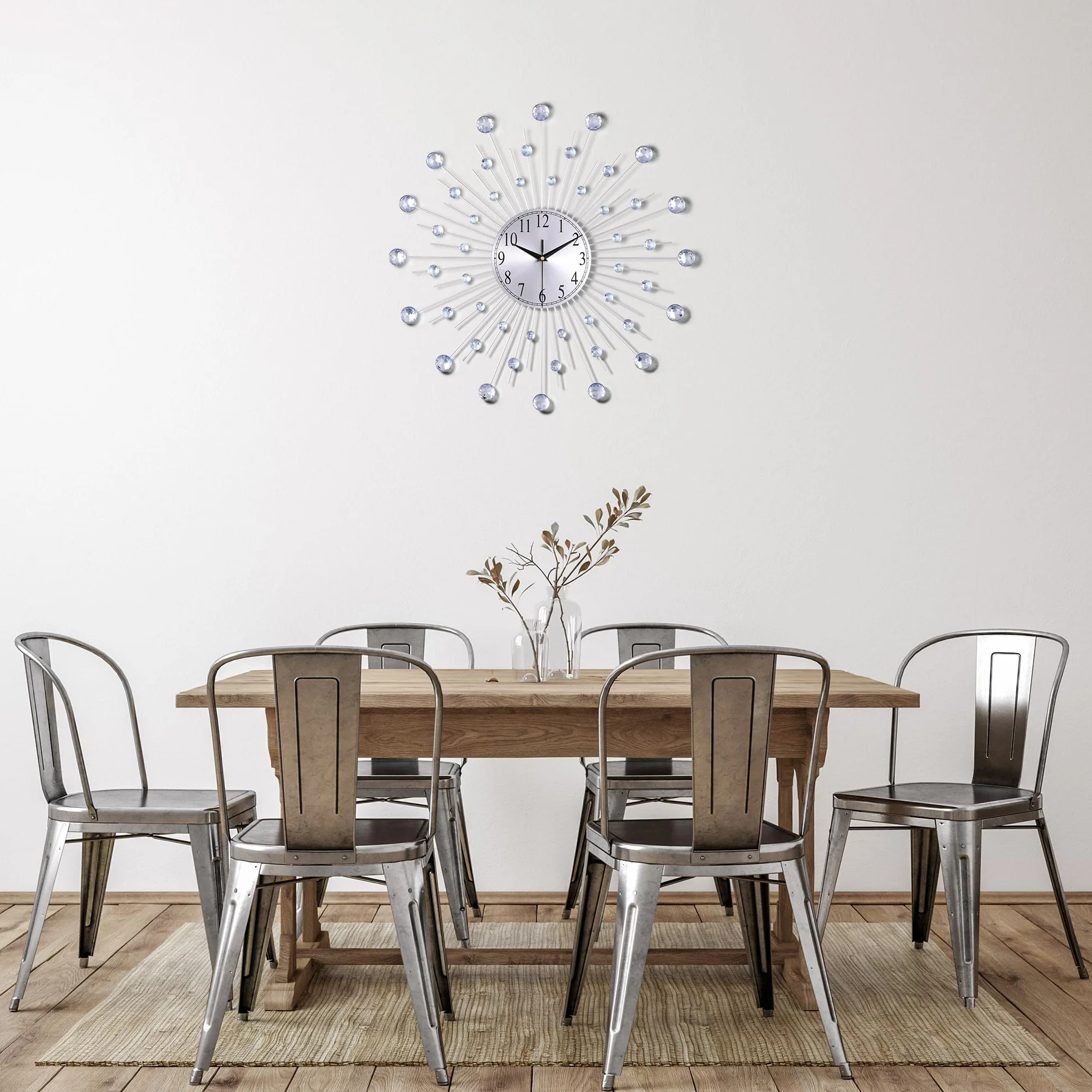 Lafocuse 56cm Reloj de Pared Estrellas de Strass Grande Salon Moderno Plateado, Silencioso Metal Decorativo Reloj Cuarzo 3D Sunburst Mid Century Creativo para Cocina Dormitorio Comedor Oficina