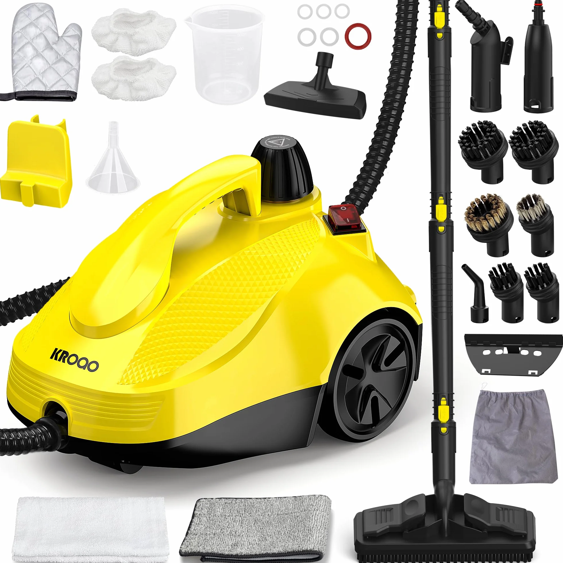 Limpiador a Vapor KROQO 1500W, 24 accesorios, cable 5m; mopa a vapor sin químicos, ideal para campanas extractoras, cocinas, juntas de azulejos, sofás, cortinas y más.