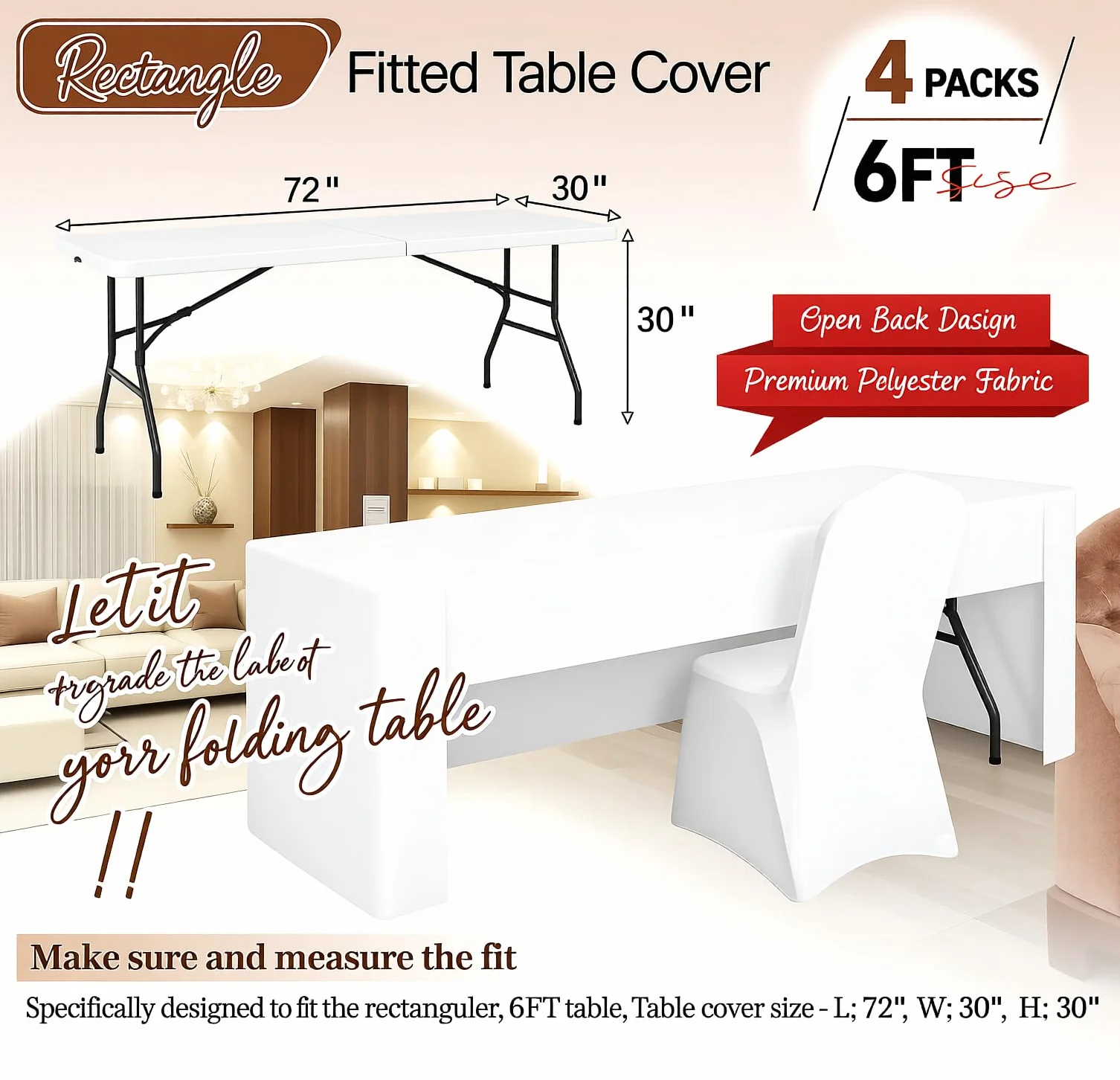 Teruntrue Paquete de 4 manteles ajustables para mesas rectangulares de 1,8 m, tela lavable, para ferias, ferias, fiestas, bodas, eventos, color blanco