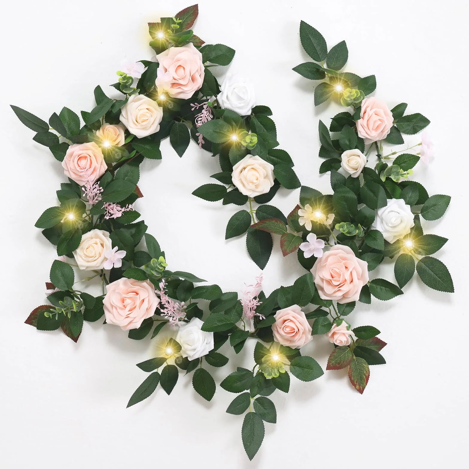 Guirnalda de flores de 6 pies con luces, guirnalda de eucalipto artificial con flores de rosa, guirnalda de MYXUANFA con luz para arco de boda, centro de mesa, decoración de habitación, funciona con