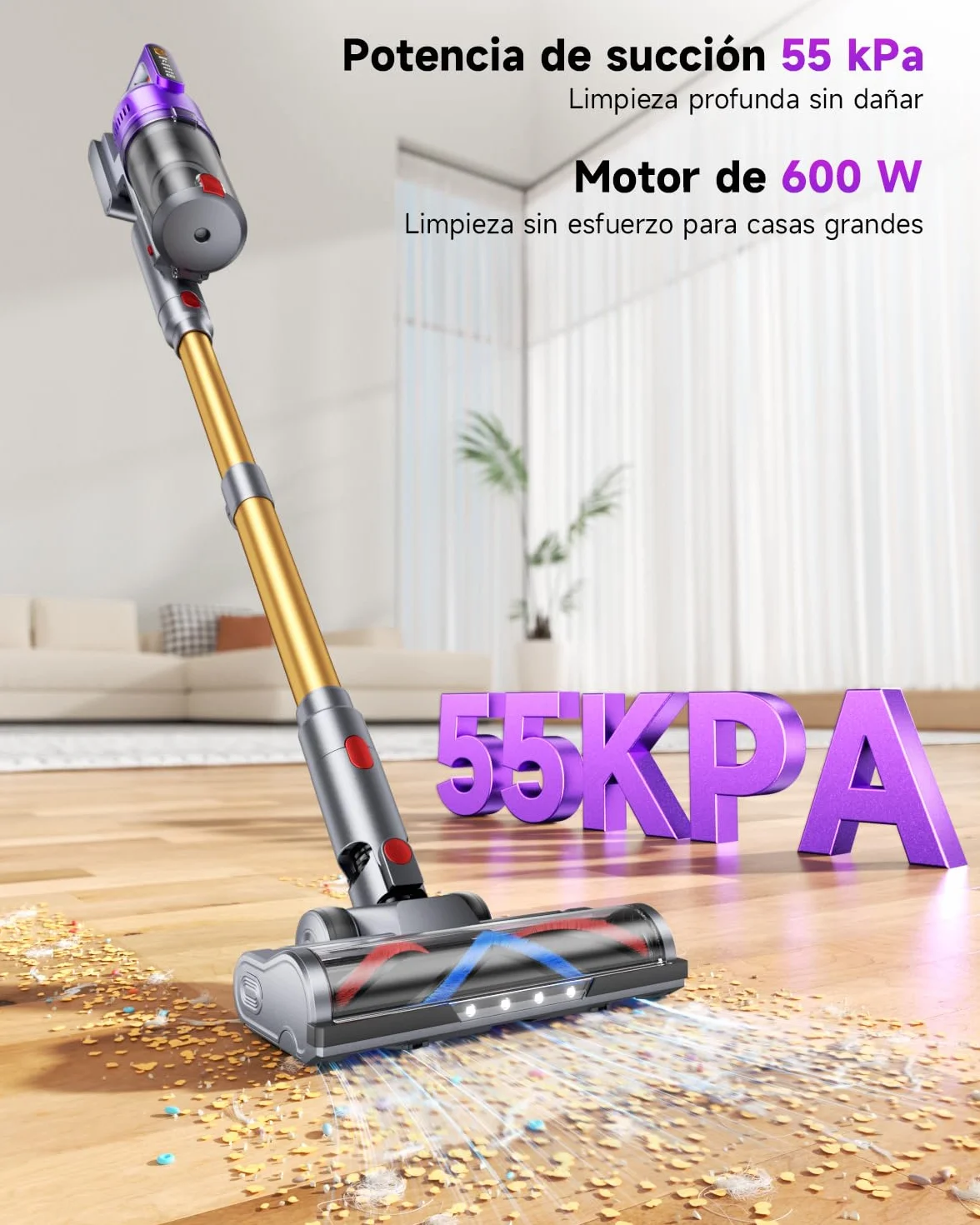 55KPa/680W Aspiradora sin Cable, aspiradora sin Cable Potente hasta 75 Mins, con Smart Screen y Cepillo Antienredos, Alfombra Pelo Mascota Suelo Sofá[Clase de eficiencia energética A+++]