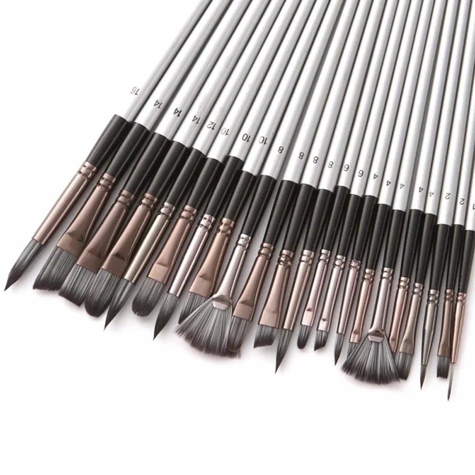 Pinceles, Juego de 24 Pinceles Planos de Nailon con Mango de Madera para Pintura al óleo y Acuarela, Materiales para Pintura artística y acrílica.