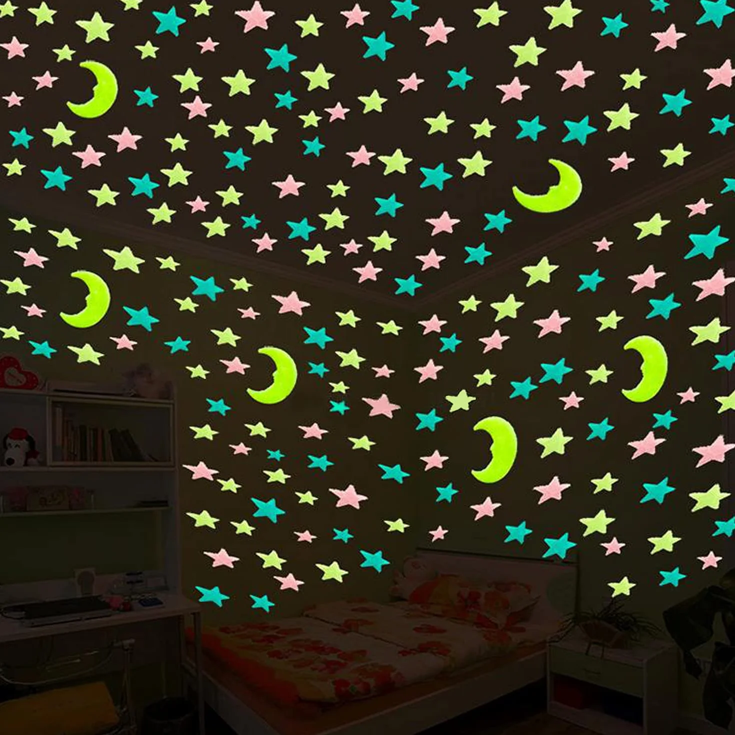 Pegatinas Brillantes Nocturnas 206 Estrellas y Lunas 3D para Pared Decoración Habitación Infantil