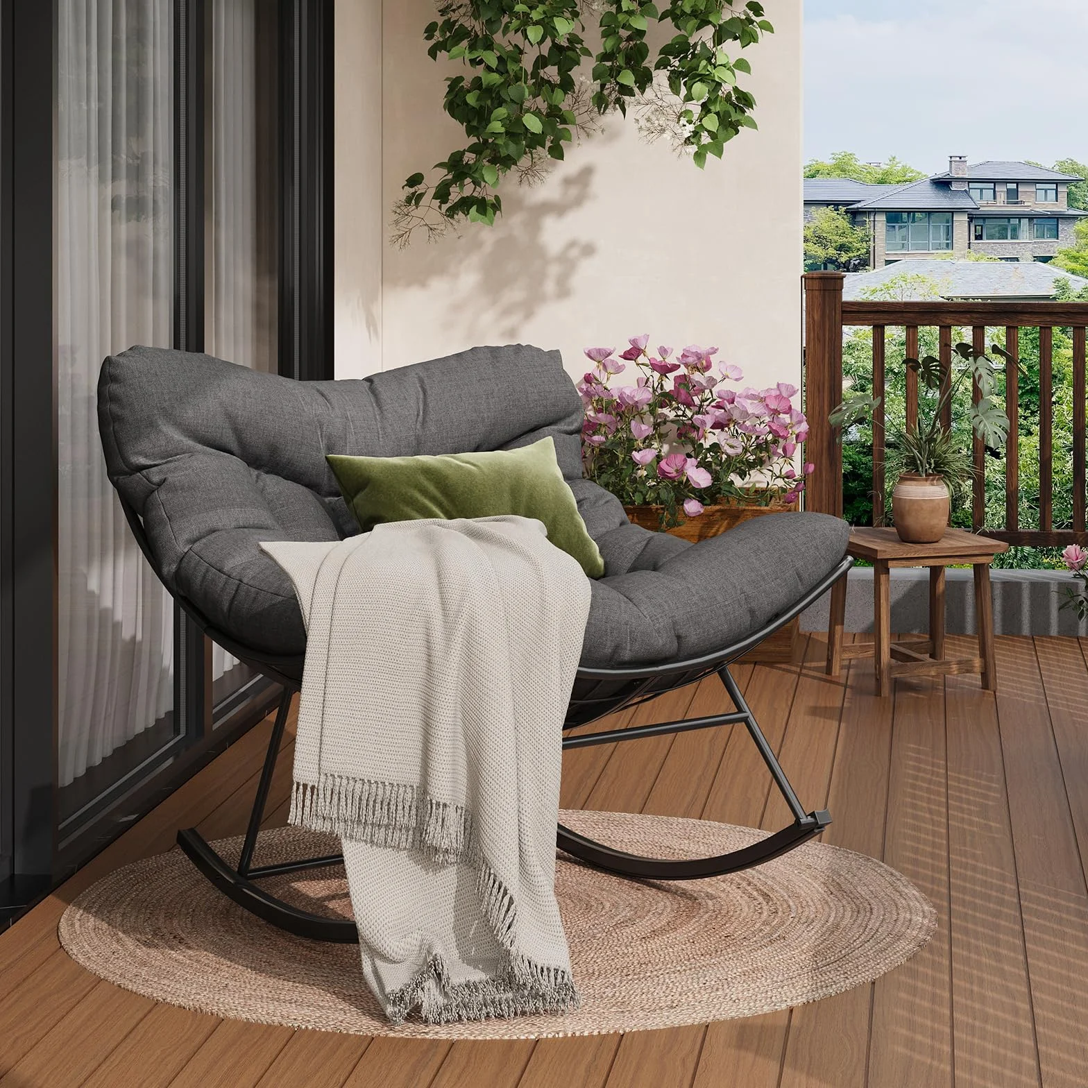 GarveeHome Mecedora de Gran tamaño, con cojín Grueso y Marco de Metal, sillón Relax para Piscina, jardín y Patio Trasero, Capacidad de Carga