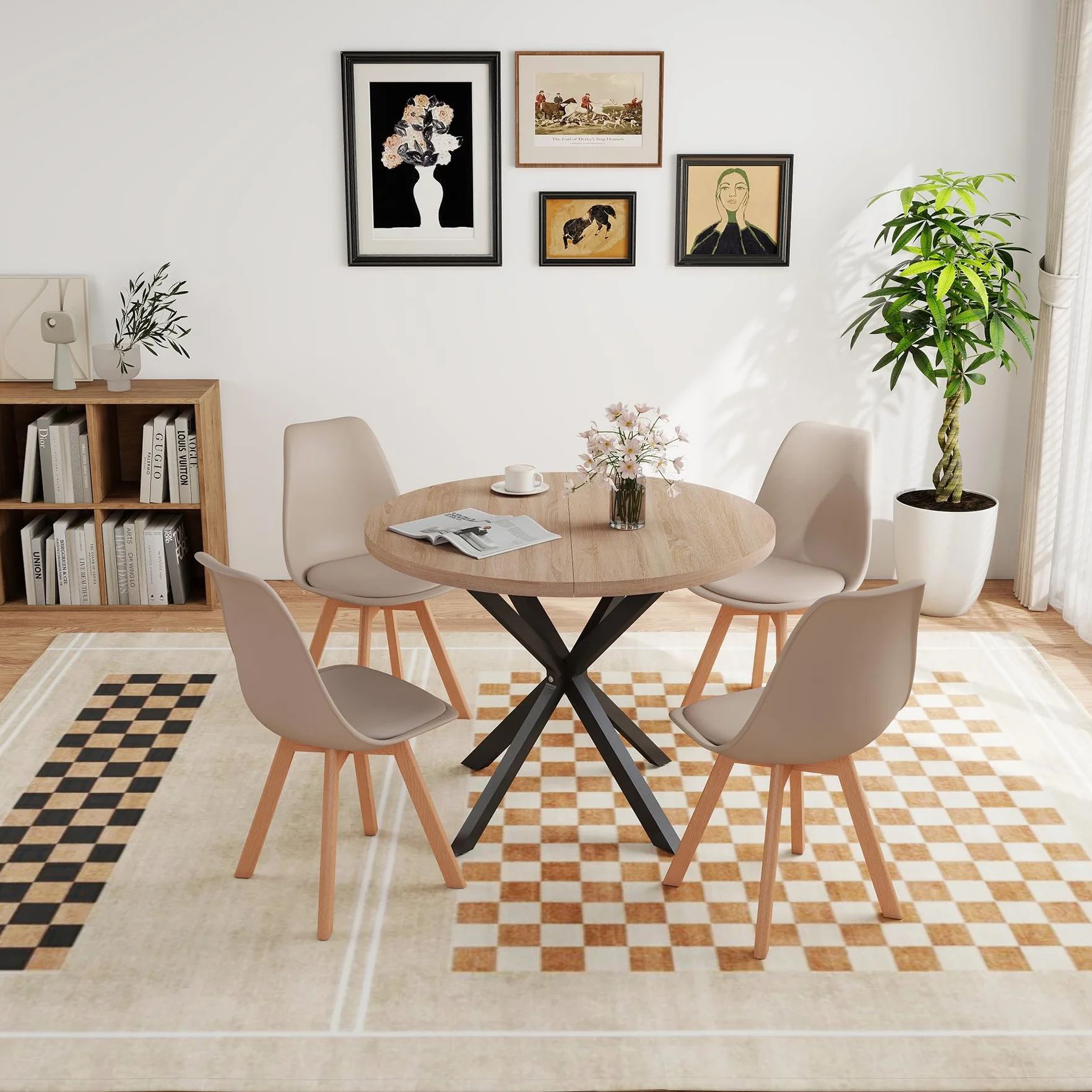 GrandCA HOME - Juego de Comedor con 4 sillas, Mesa Redonda de Madera de 100 x 100 x 75 cm, 4 sillas de Respaldo Alto, Patas de Madera de Haya (marrón Claro y Caqui)