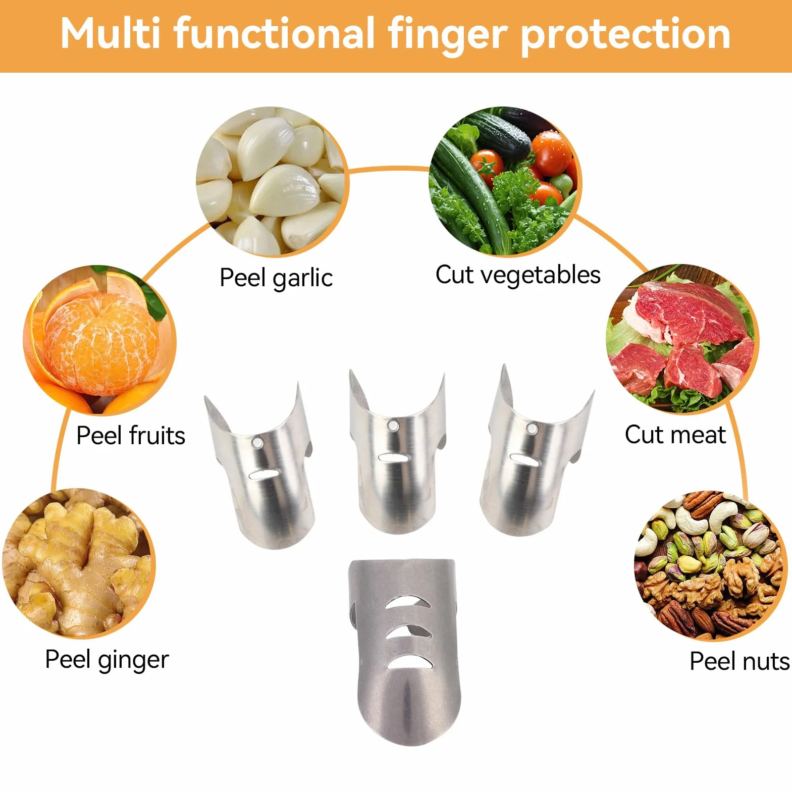 HERCHR 4Pcs Protección Anti-Corte para Manos, Protector de Dedos para Cortar Verduras, Herramienta de Cocina Acero Inoxidable
