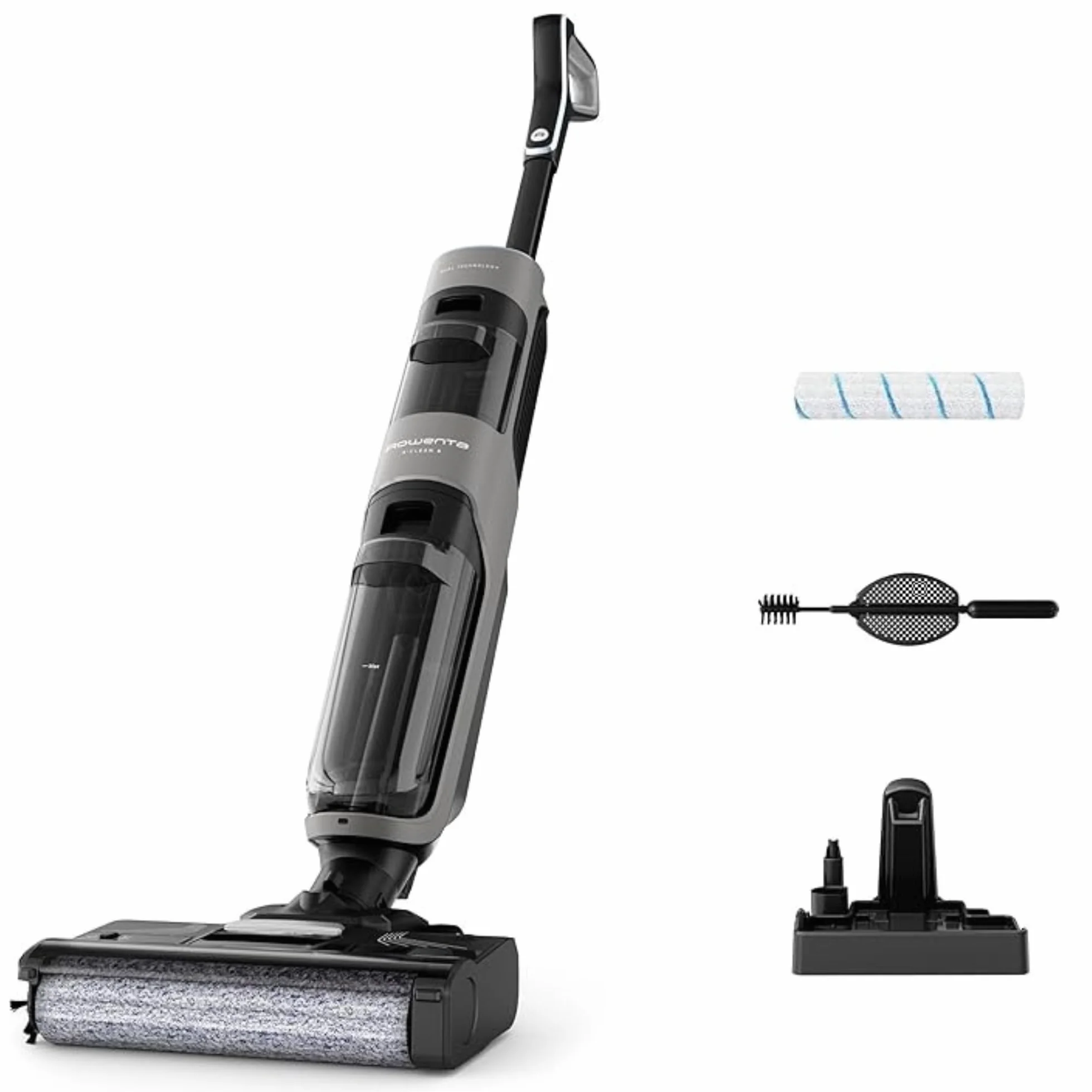 Rowenta X-Clean 4, Aspiradora Fregona Eléctrica Sin Cable, 2 en 1 Aspira y Friega a la vez, 200 W, Pantalla De Control Inteligente, Ajuste Automático De Limpieza: Eco, Auto y Max, Gris, GZ5036WO