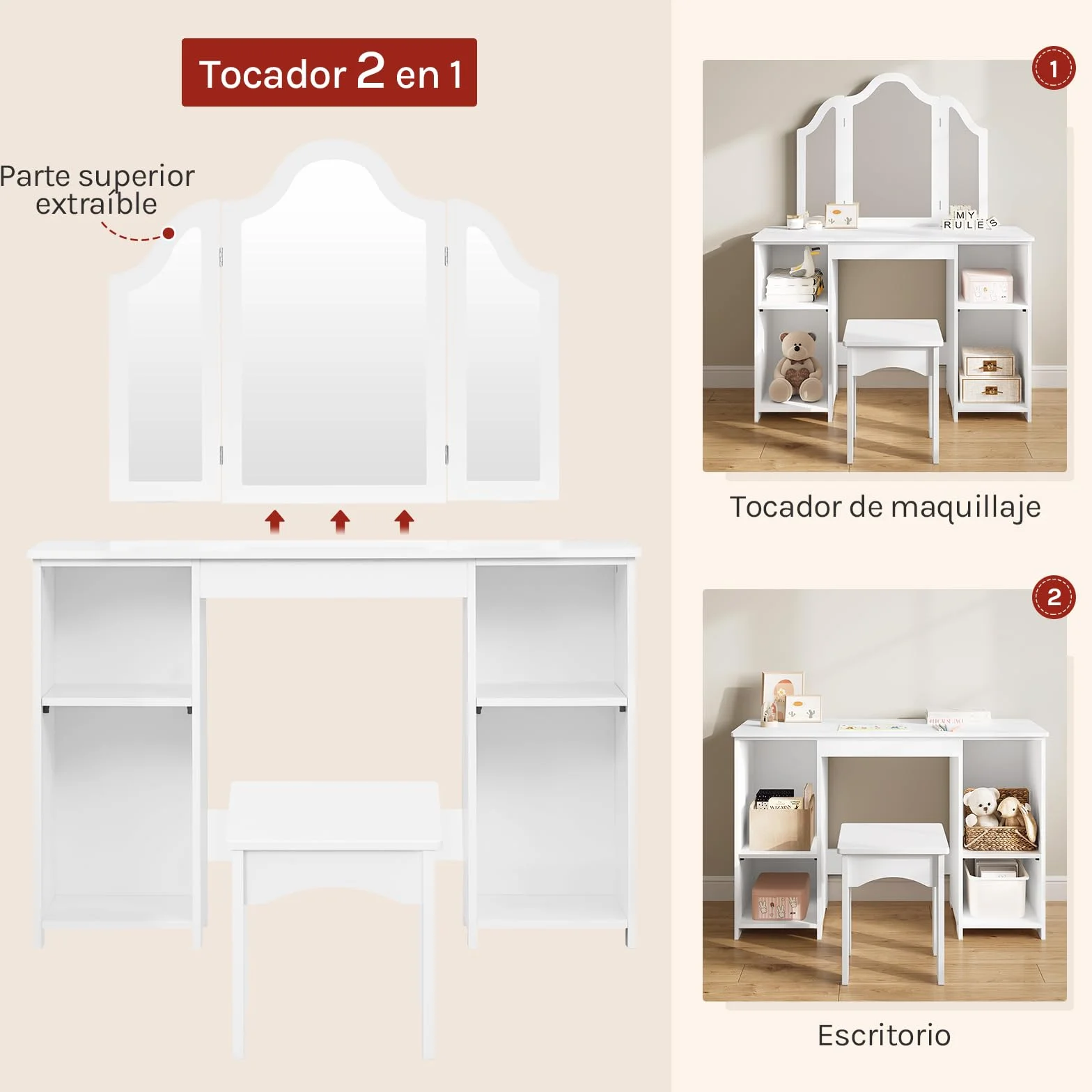 WOLTU Mesa Tocador Infantil 3 Piezas con Taburete y Espejo Plegable, Blanco MDF