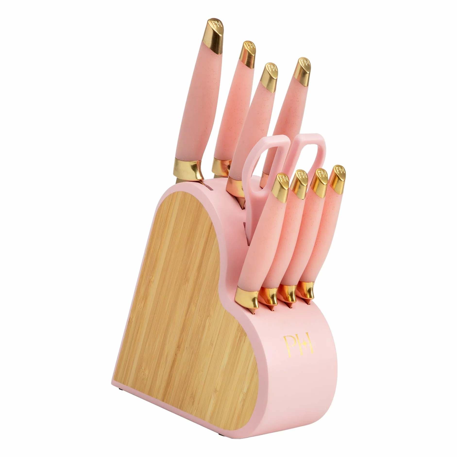 Set de Cuchillos Paris Hilton en Bloque de Bambú, 10 Piezas con Mangos Rosados y Cuchillas Doradas, Ideal para Regalo