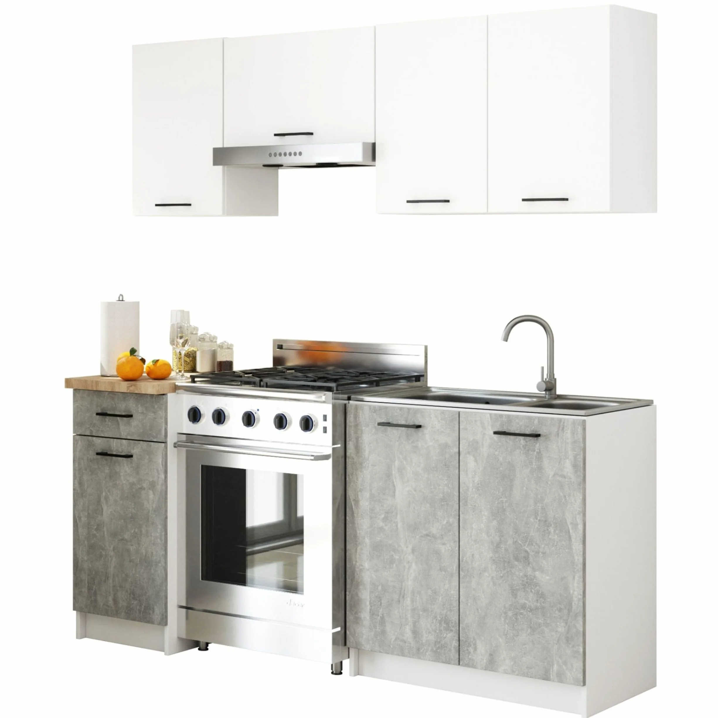 AKORD | Conjunto de Muebles de Cocina Oliwia | Completa Pequeña | Mueble Modular | A Medida 180 cm | Modulares Pequeñas | Blanco y Hormigón Frente