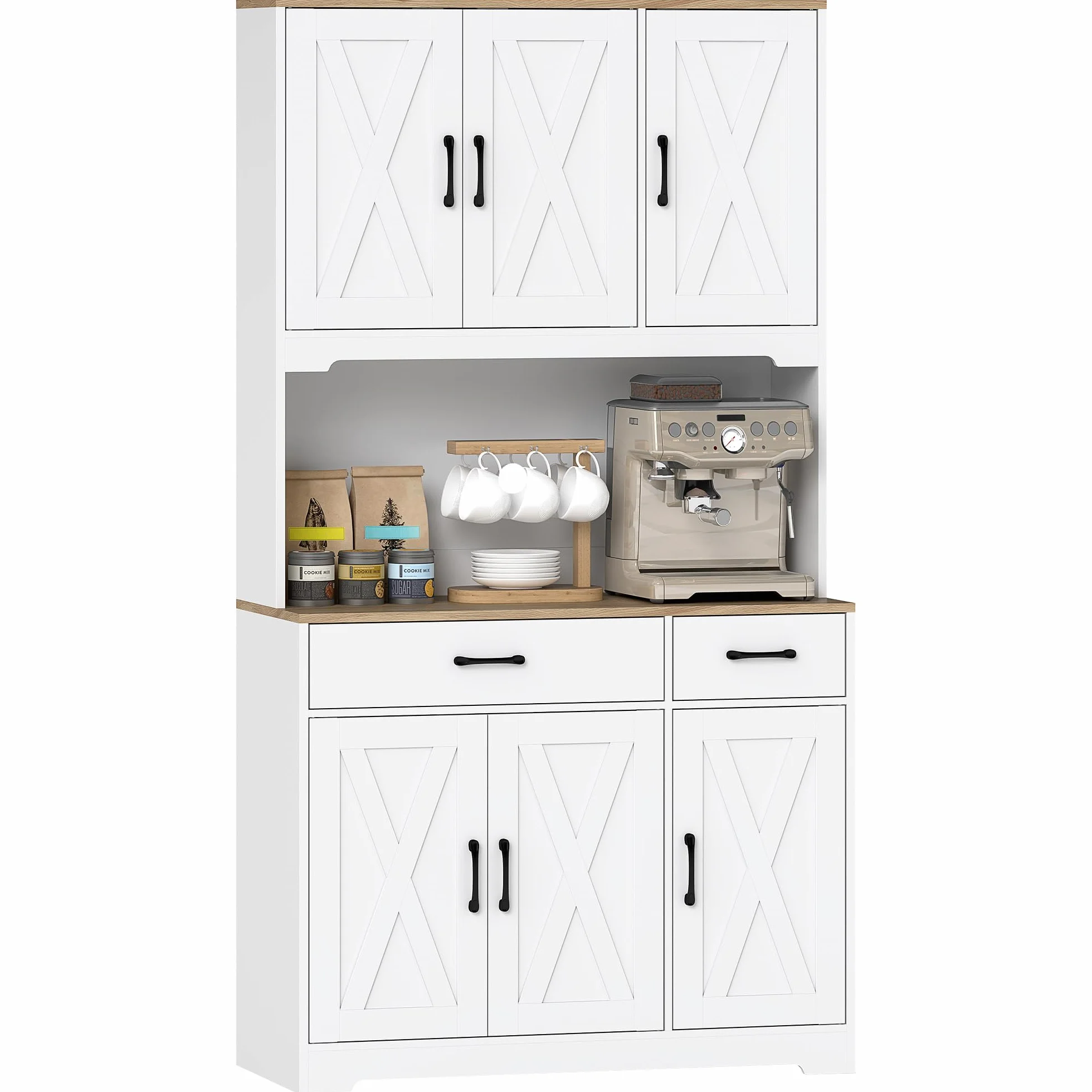 HOMCOM Alacena de Cocina Alta, Mueble Auxiliar de Cocina, con 6 Puertas, Encimera Abierta para Microondas, 2 Cajones, Estantes Ajustables, Orificio para Cable, 94x39,5x175,2 cm, Blanco