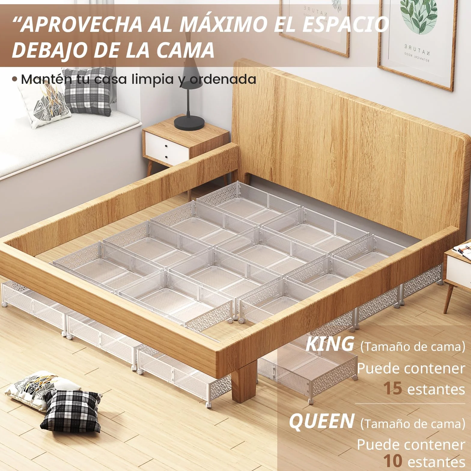 PHINOX Almacenamiento debajo de la cama con ruedas, organizador de zapatos para dormitorio