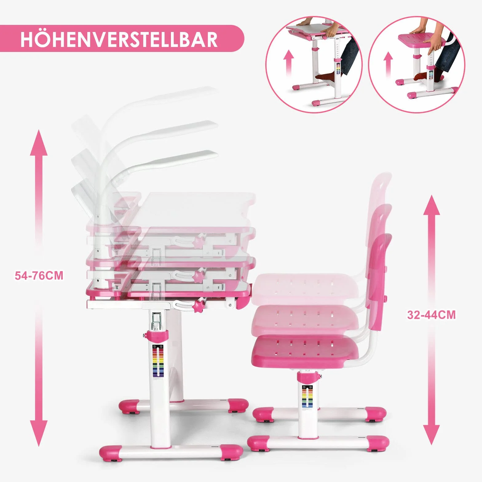 JOYLDIAS Escritorios Infantiles, Mesa Escritorio Niño Regulable en Altura con Lámpara, con Silla y Cajón, Incluye Cubo Pequeño/Rosa